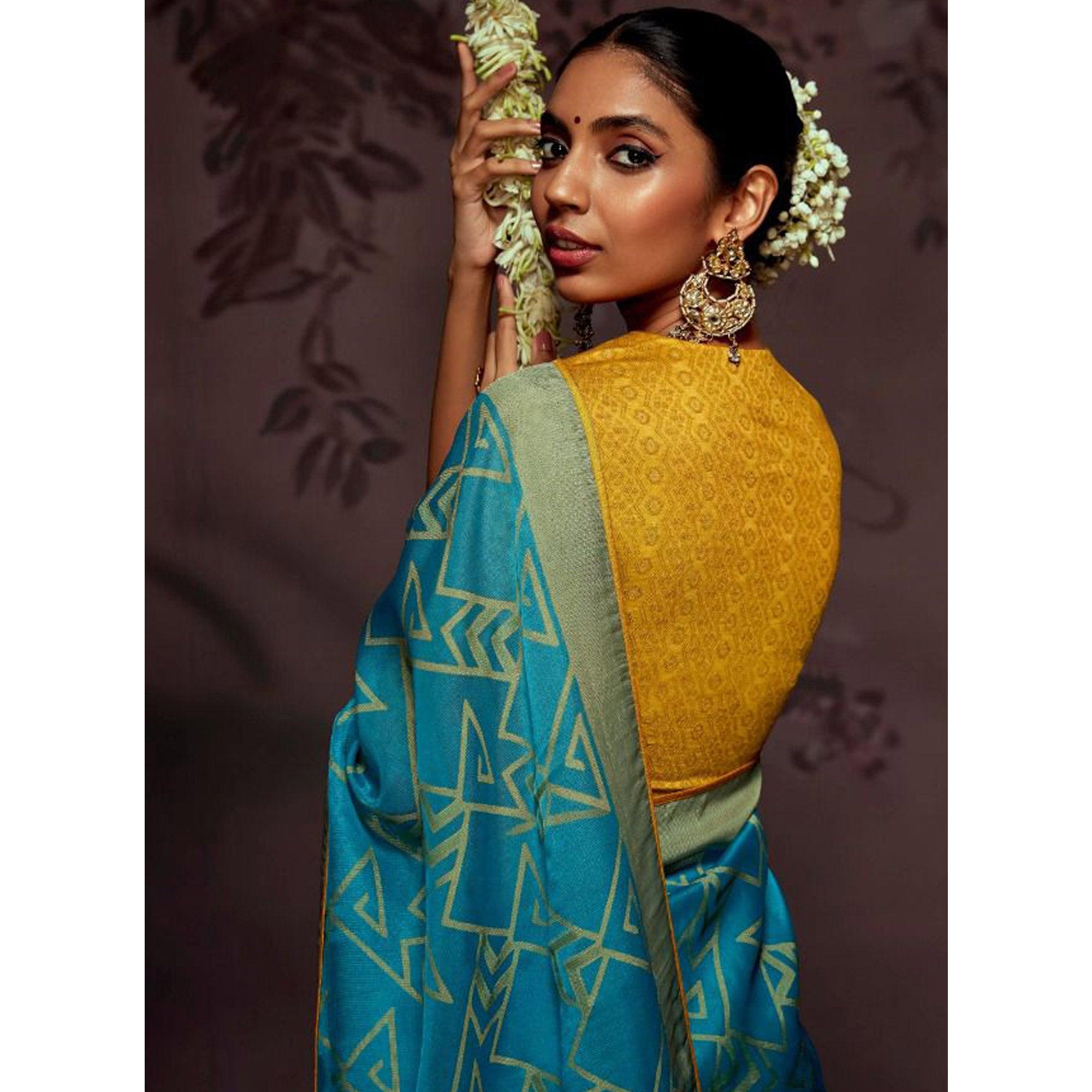 Blue Woven Brasso Saree With Tassels - Peachmode