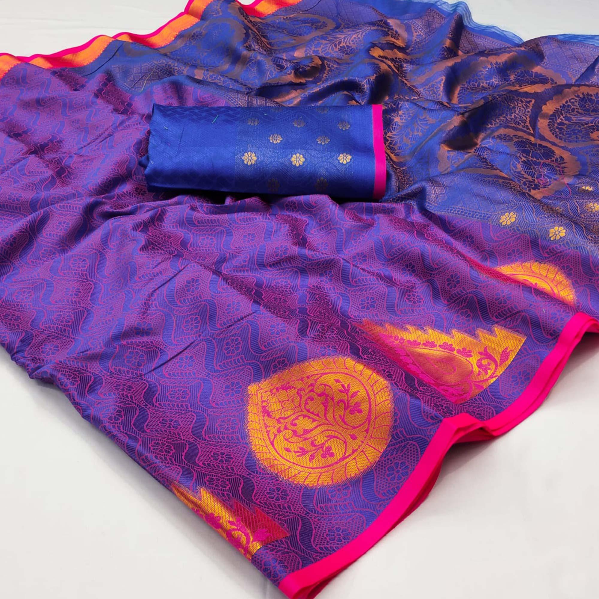 Blue Woven Cotton Silk Saree - Peachmode