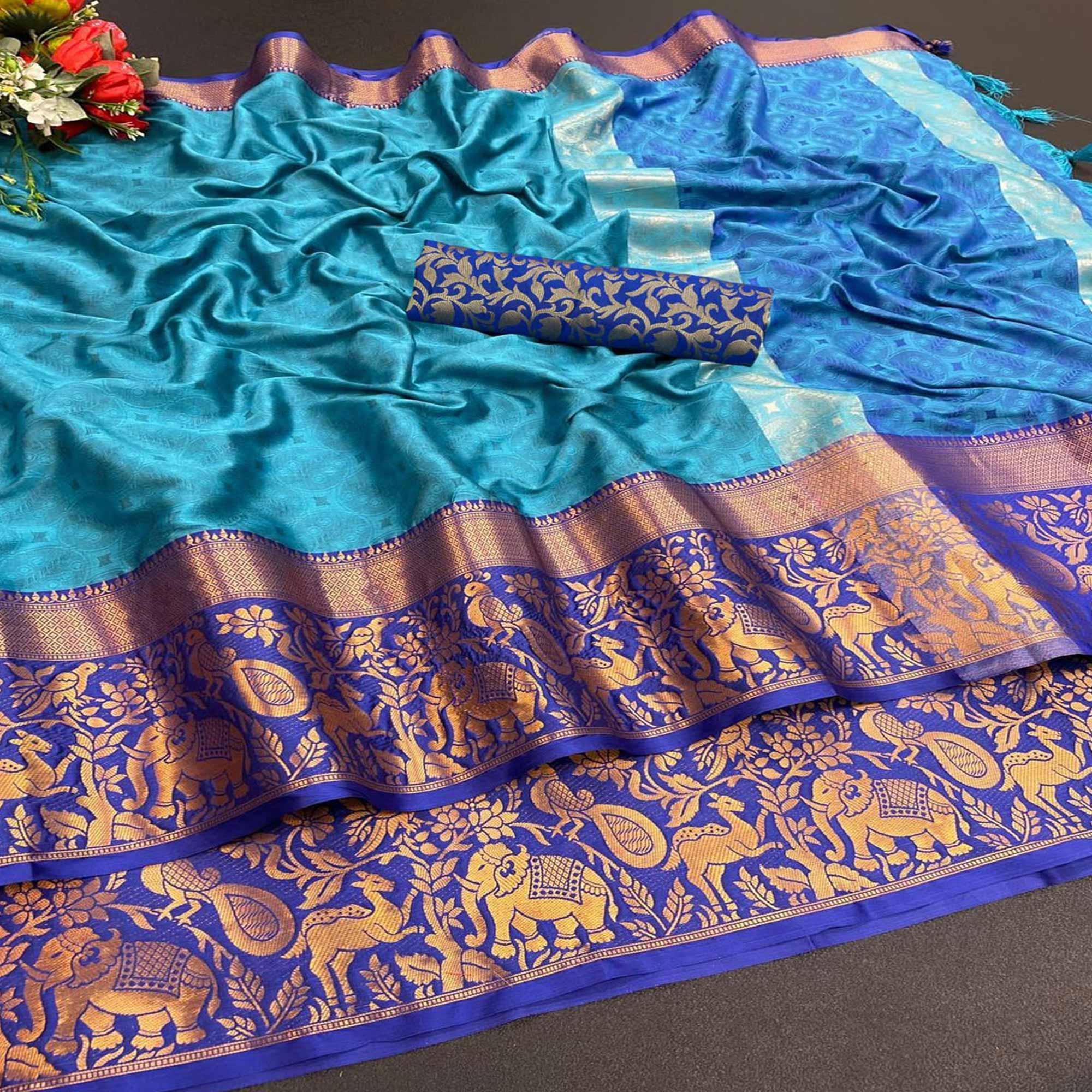 Blue Woven Cotton Silk Saree - Peachmode