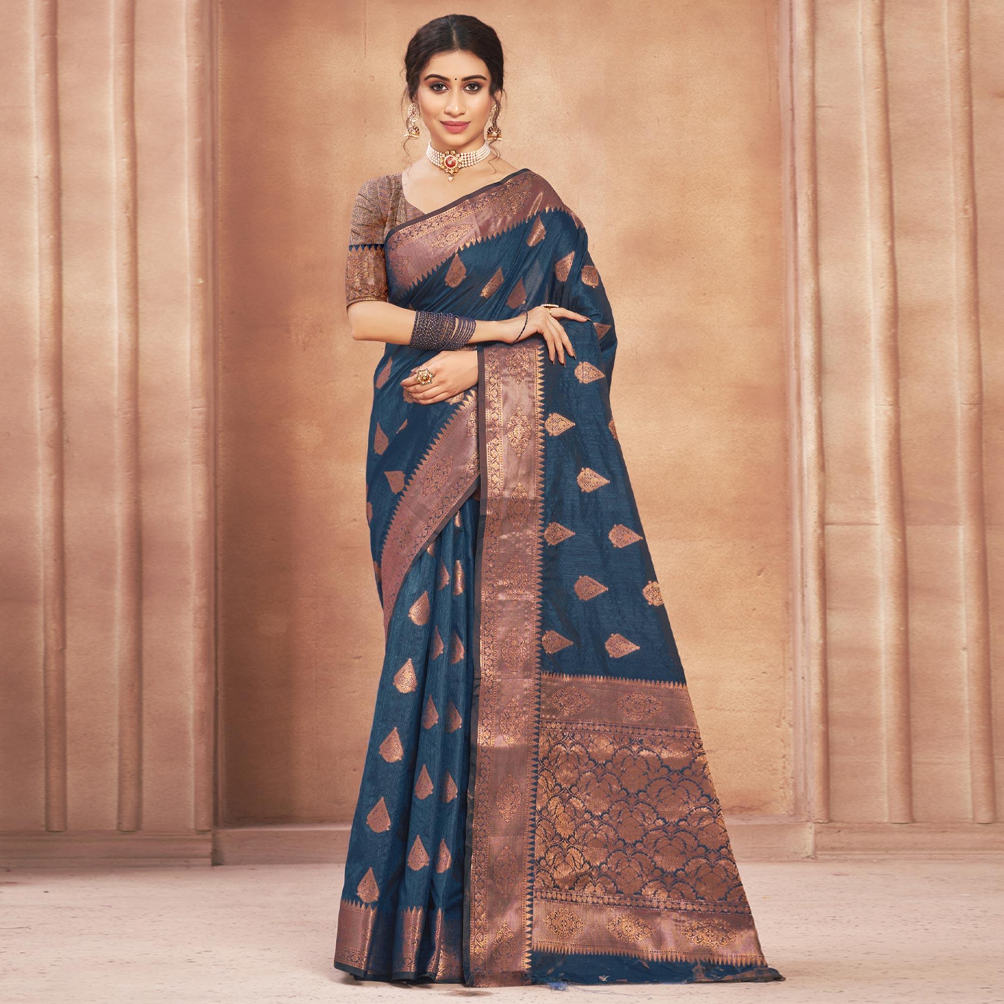 Blue Woven Cotton Silk Saree - Peachmode