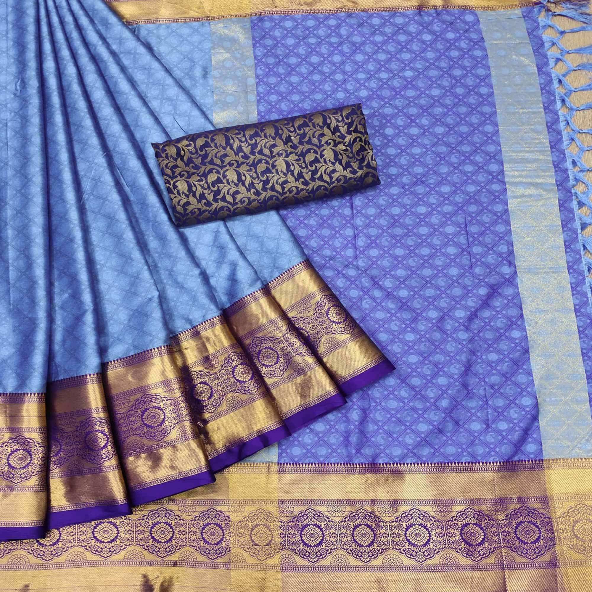 Blue Woven Cotton Silk Saree - Peachmode