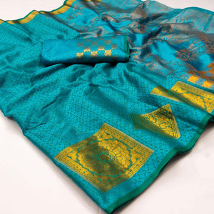 Blue Woven Cotton Silk Saree - Peachmode