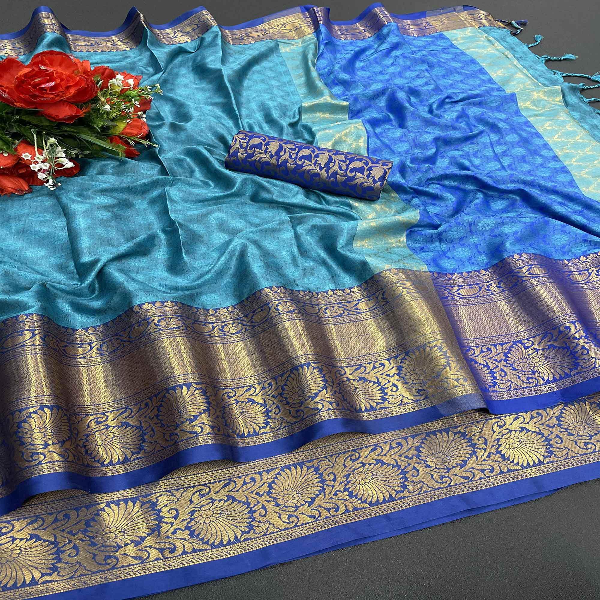 Blue Woven Cotton Silk Saree - Peachmode
