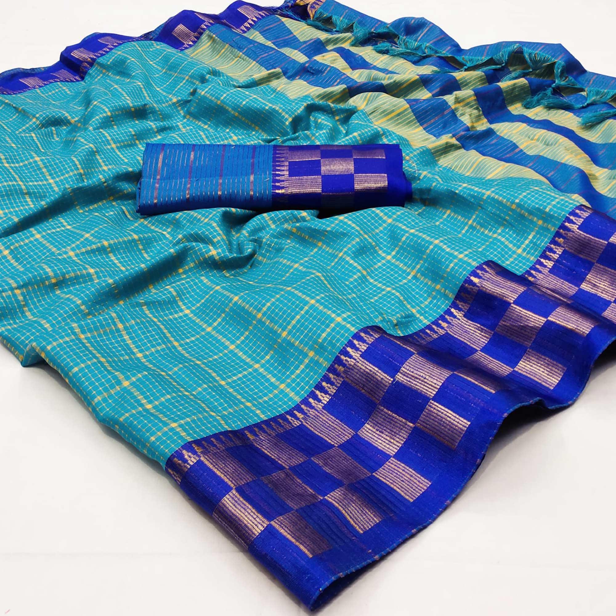 Blue Woven Cotton Silk Saree - Peachmode