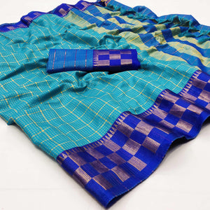 Blue Woven Cotton Silk Saree - Peachmode