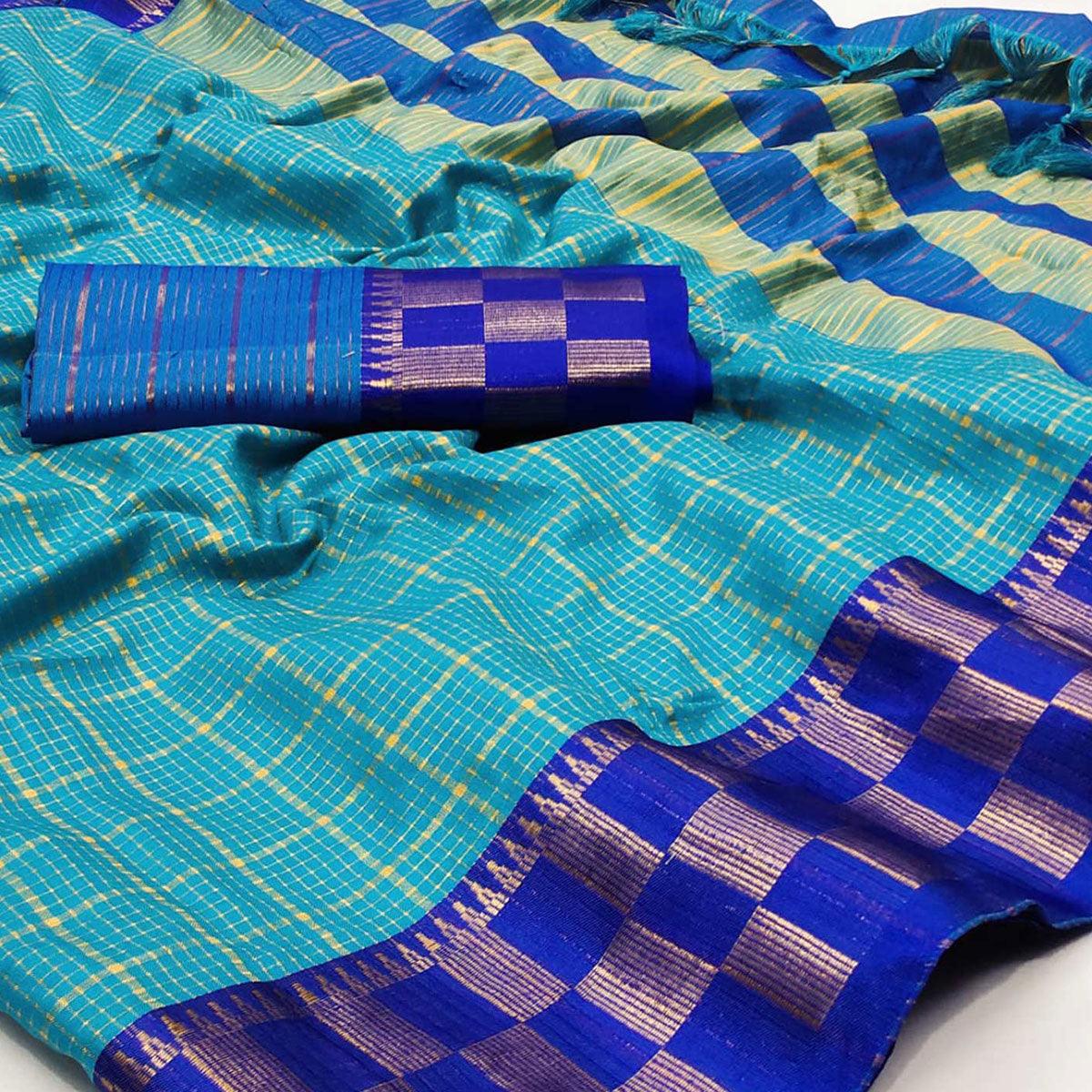 Blue Woven Cotton Silk Saree - Peachmode