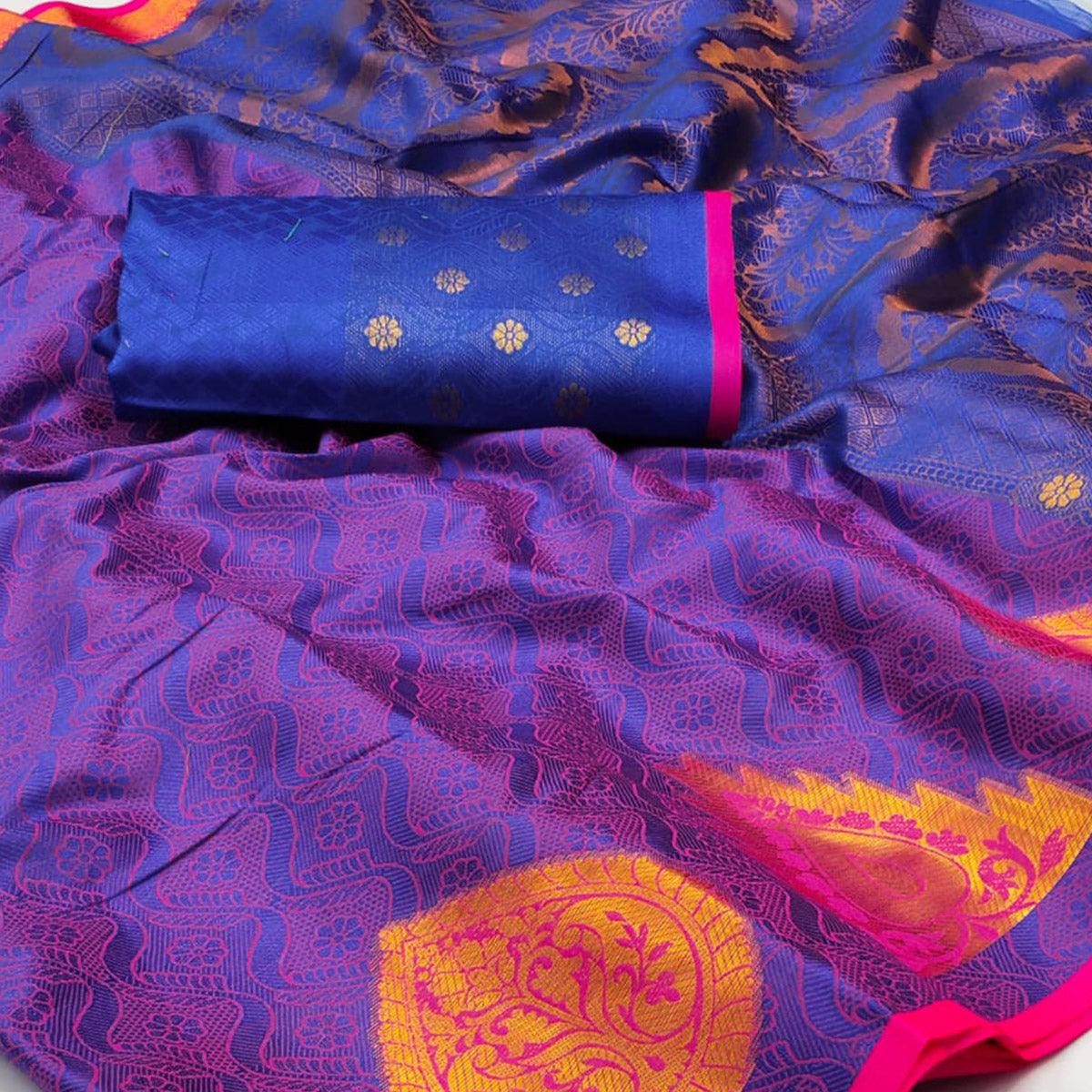 Blue Woven Cotton Silk Saree - Peachmode