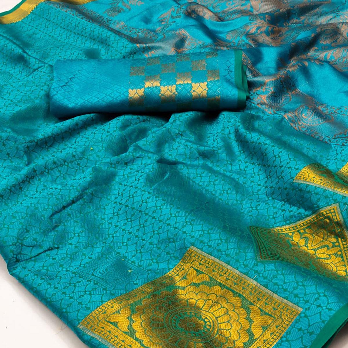 Blue Woven Cotton Silk Saree - Peachmode