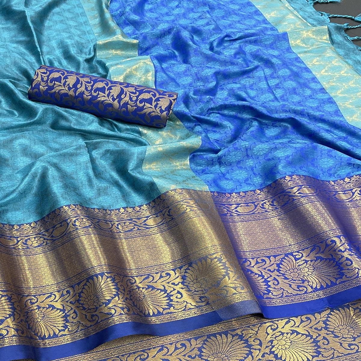 Blue Woven Cotton Silk Saree - Peachmode
