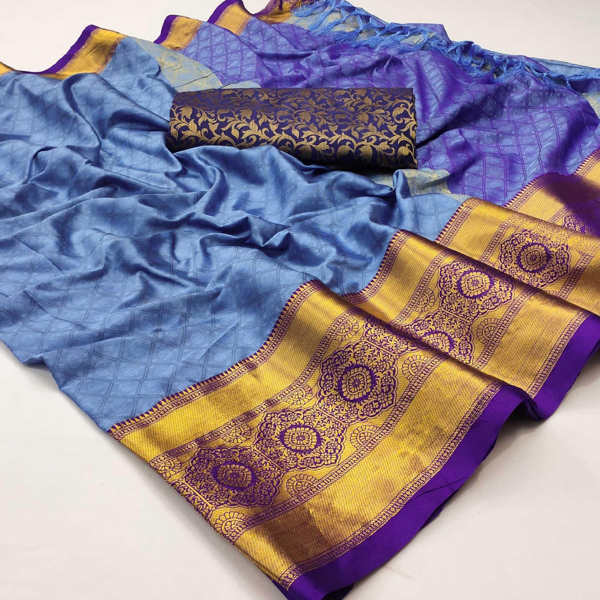 Blue Woven Cotton Silk Saree - Peachmode