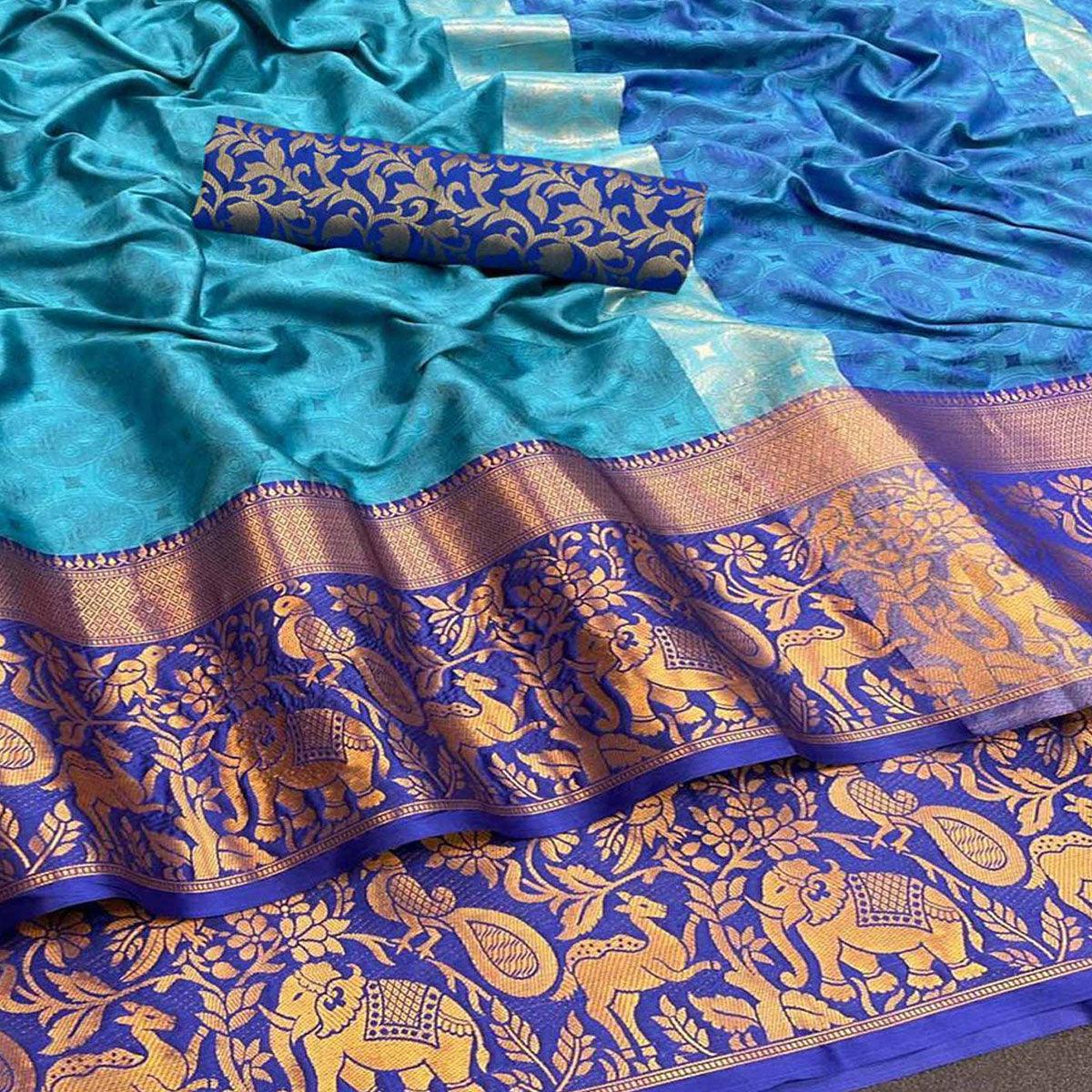 Blue Woven Cotton Silk Saree - Peachmode
