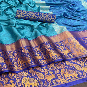 Blue Woven Cotton Silk Saree - Peachmode
