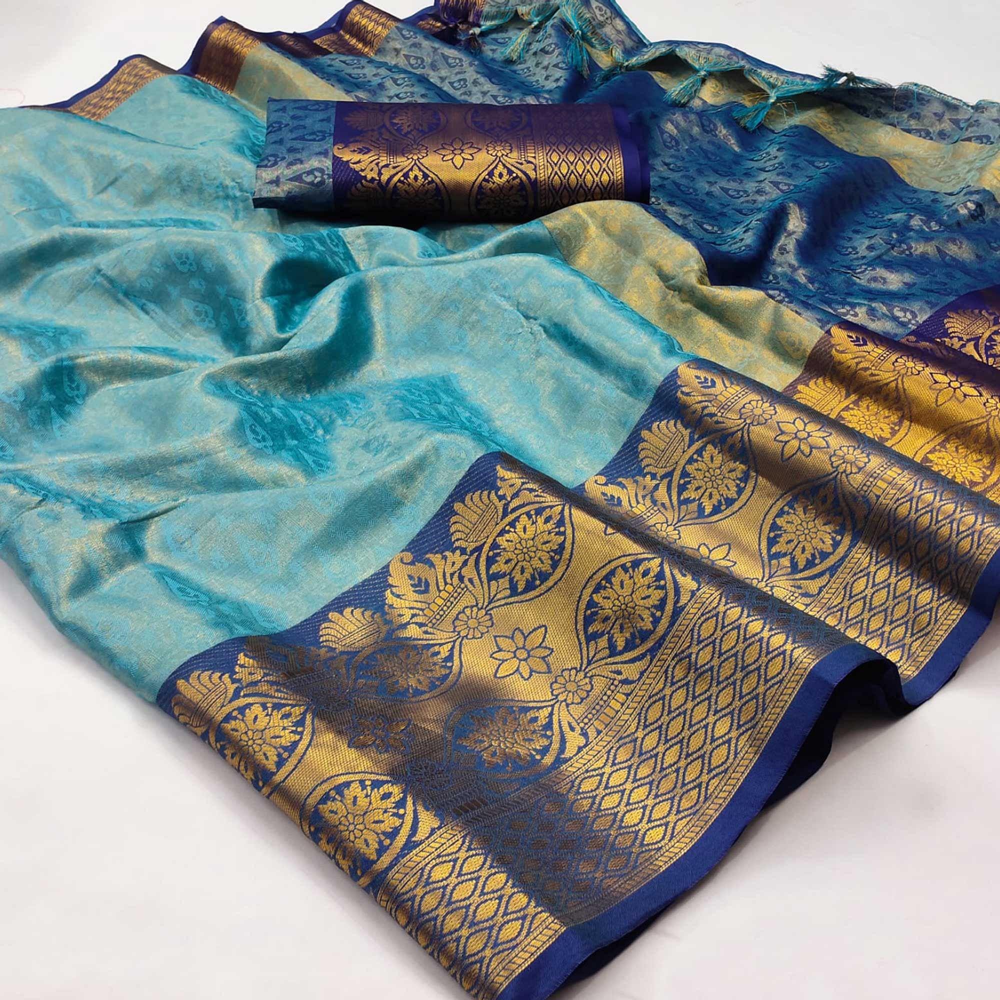 Blue Woven Cotton Silk Saree - Peachmode