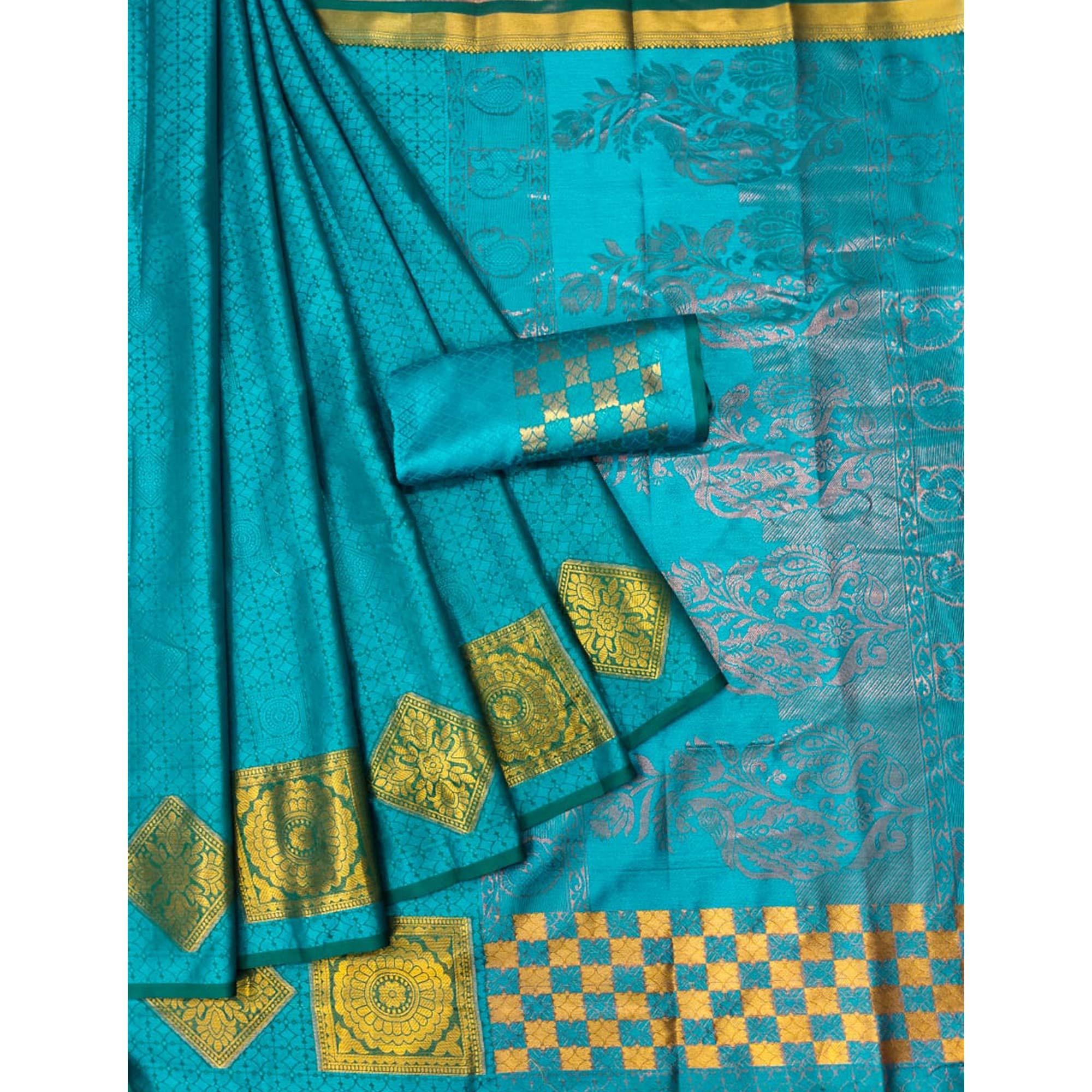 Blue Woven Cotton Silk Saree - Peachmode