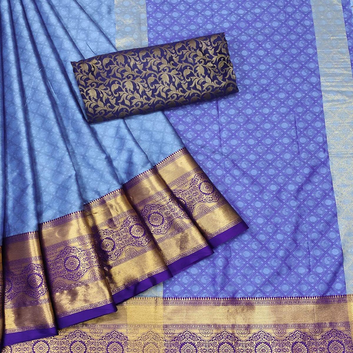 Blue Woven Cotton Silk Saree - Peachmode