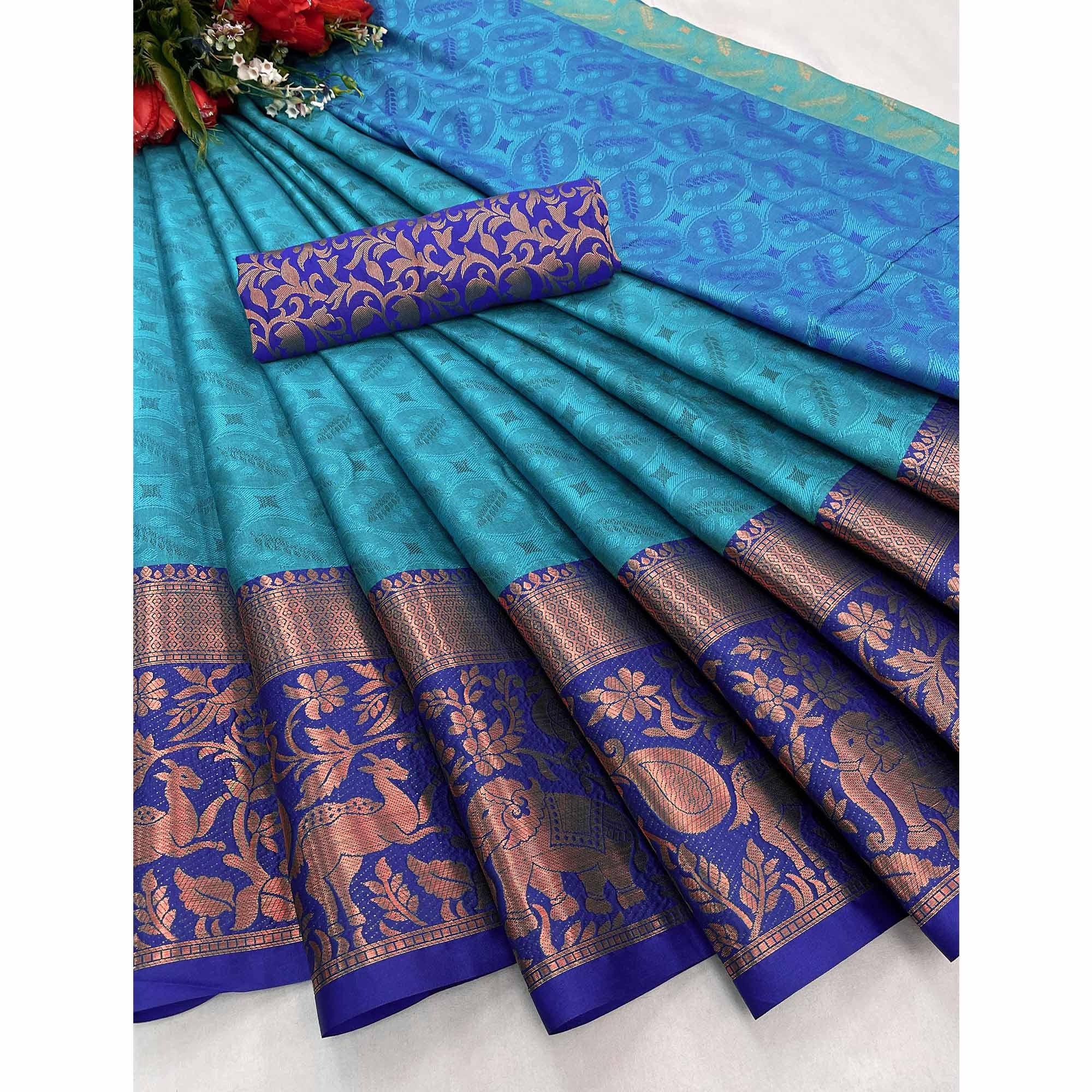 Blue Woven Cotton Silk Saree - Peachmode