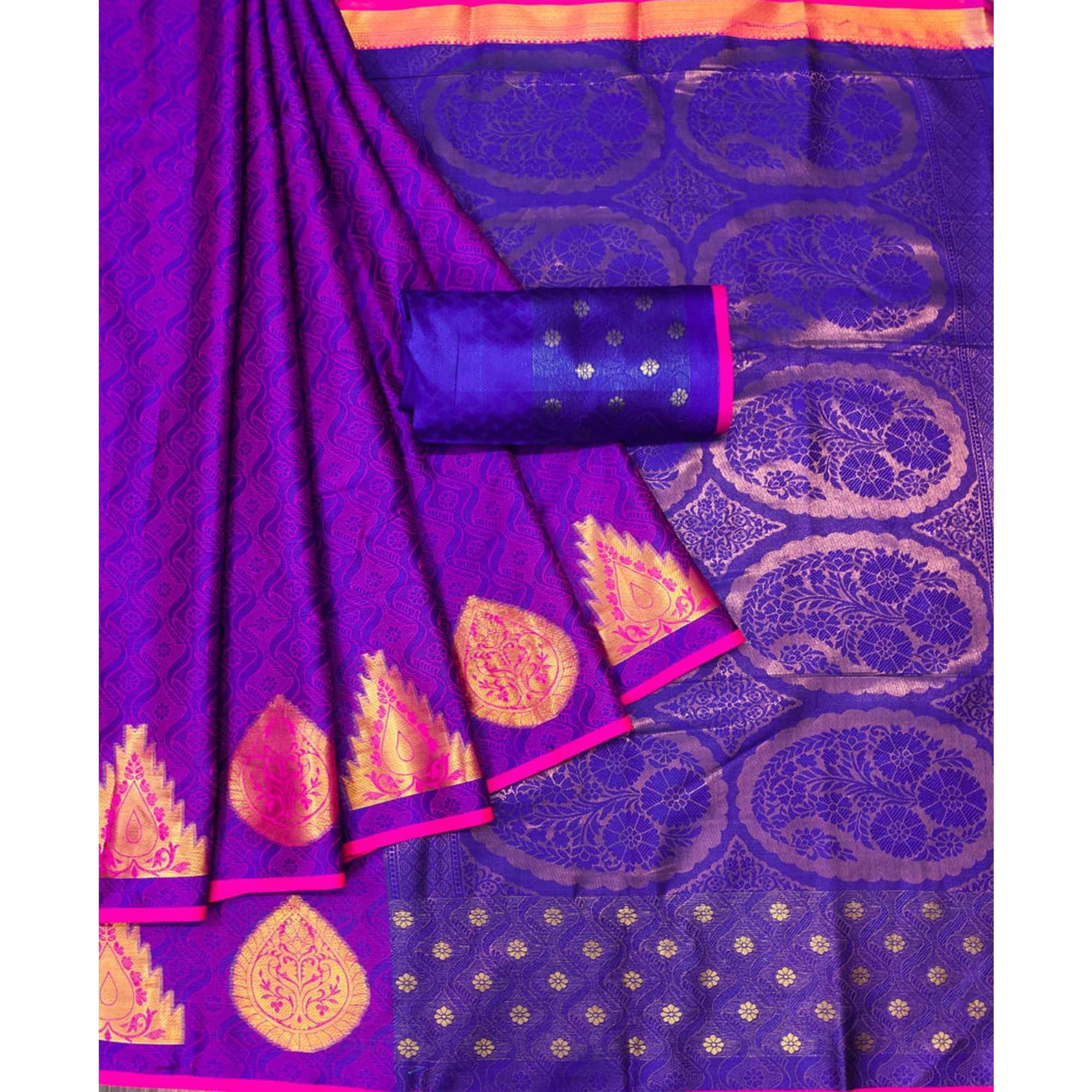 Blue Woven Cotton Silk Saree - Peachmode