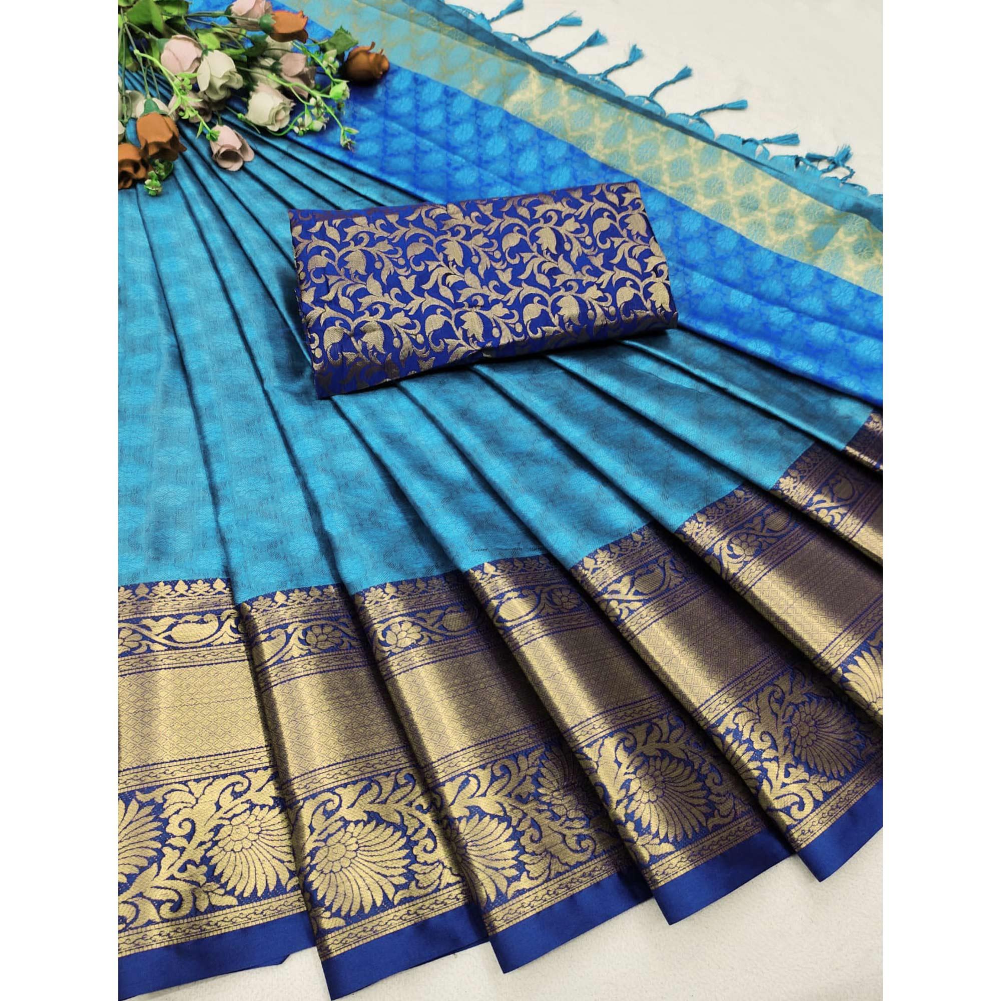Blue Woven Cotton Silk Saree - Peachmode