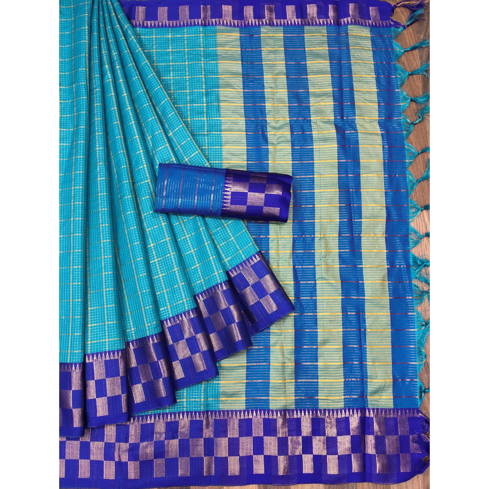 Blue Woven Cotton Silk Saree - Peachmode