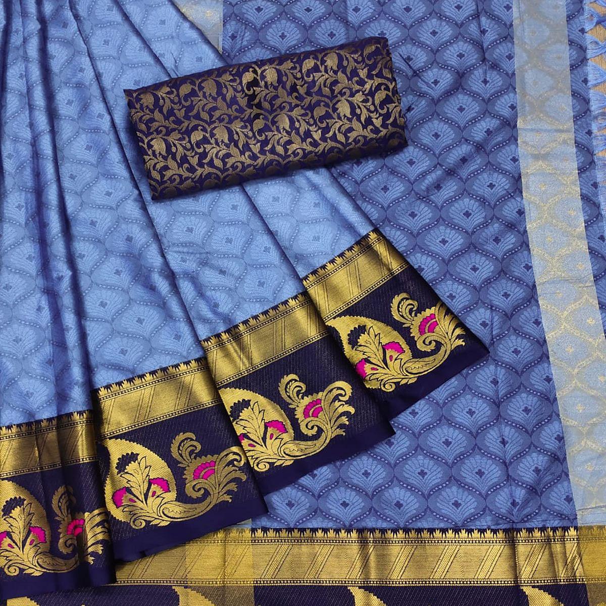 Blue Woven Cotton Silk Saree With Tassels - Peachmode
