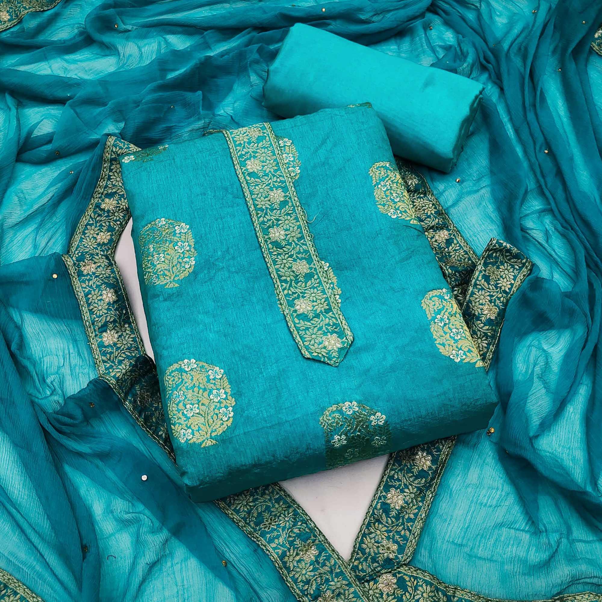 Blue Woven Dola Silk Dress Material - Peachmode