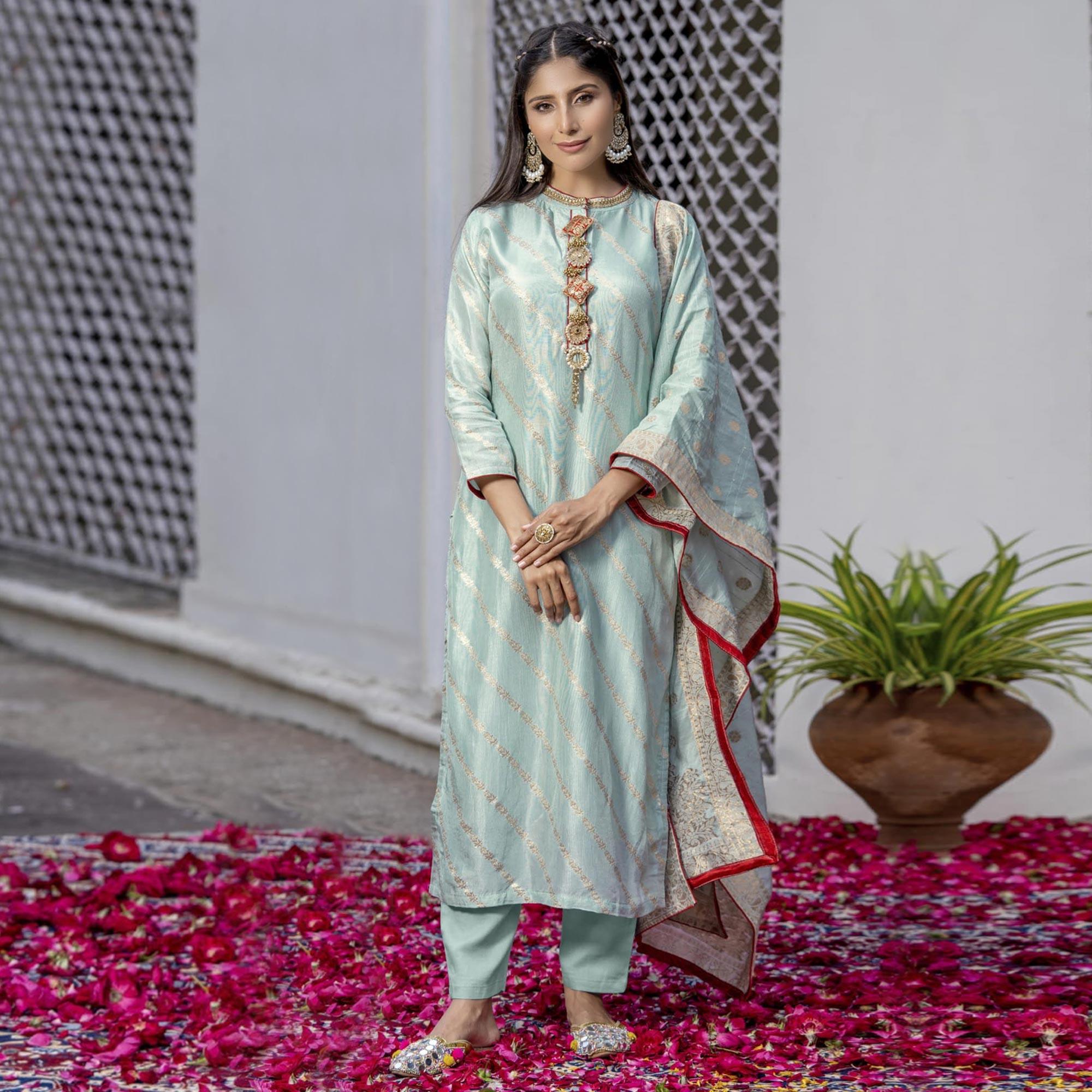 Blue Woven Dola Silk Kurti Pant Set With Dupatta - Peachmode