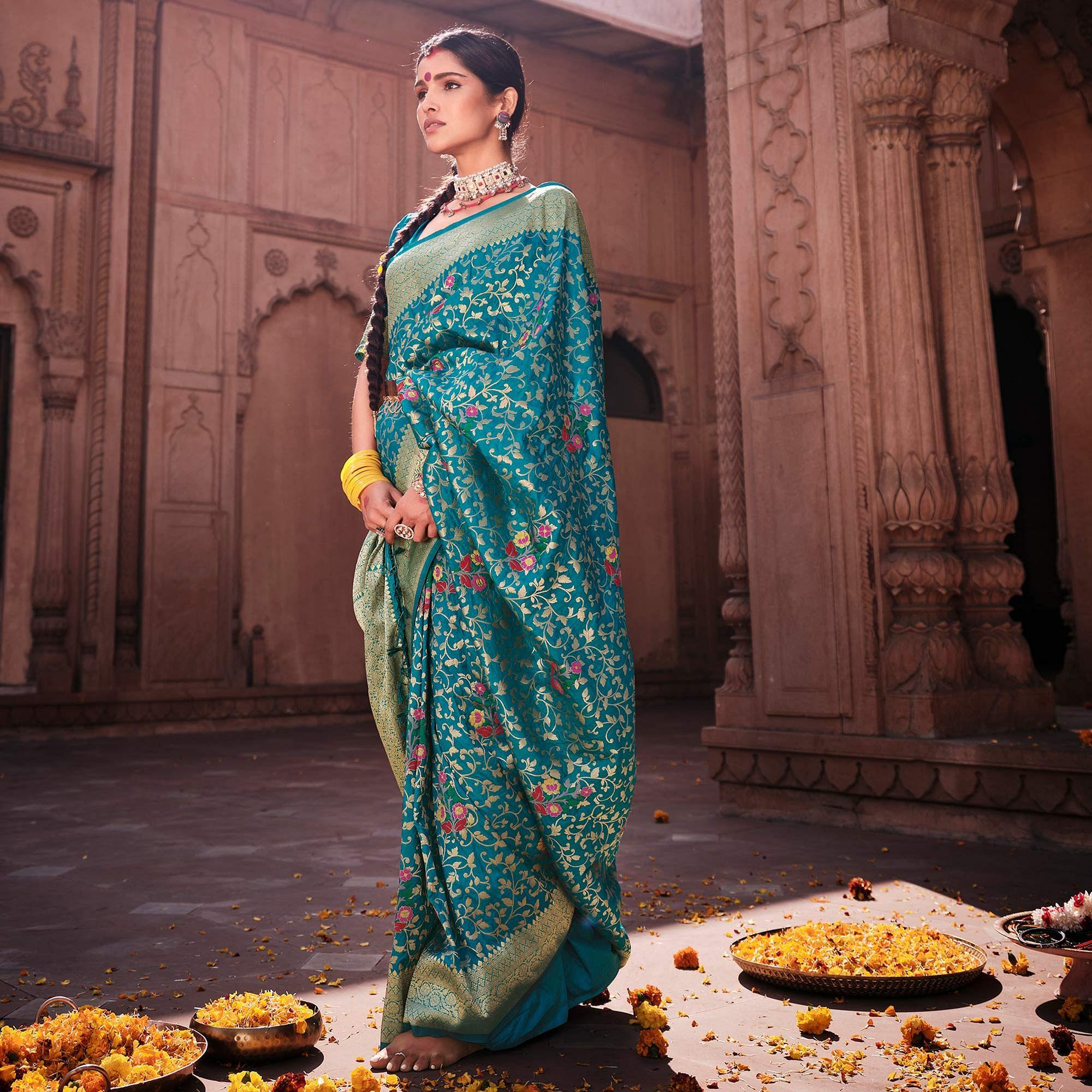 Blue Woven Dola Silk Saree - Peachmode