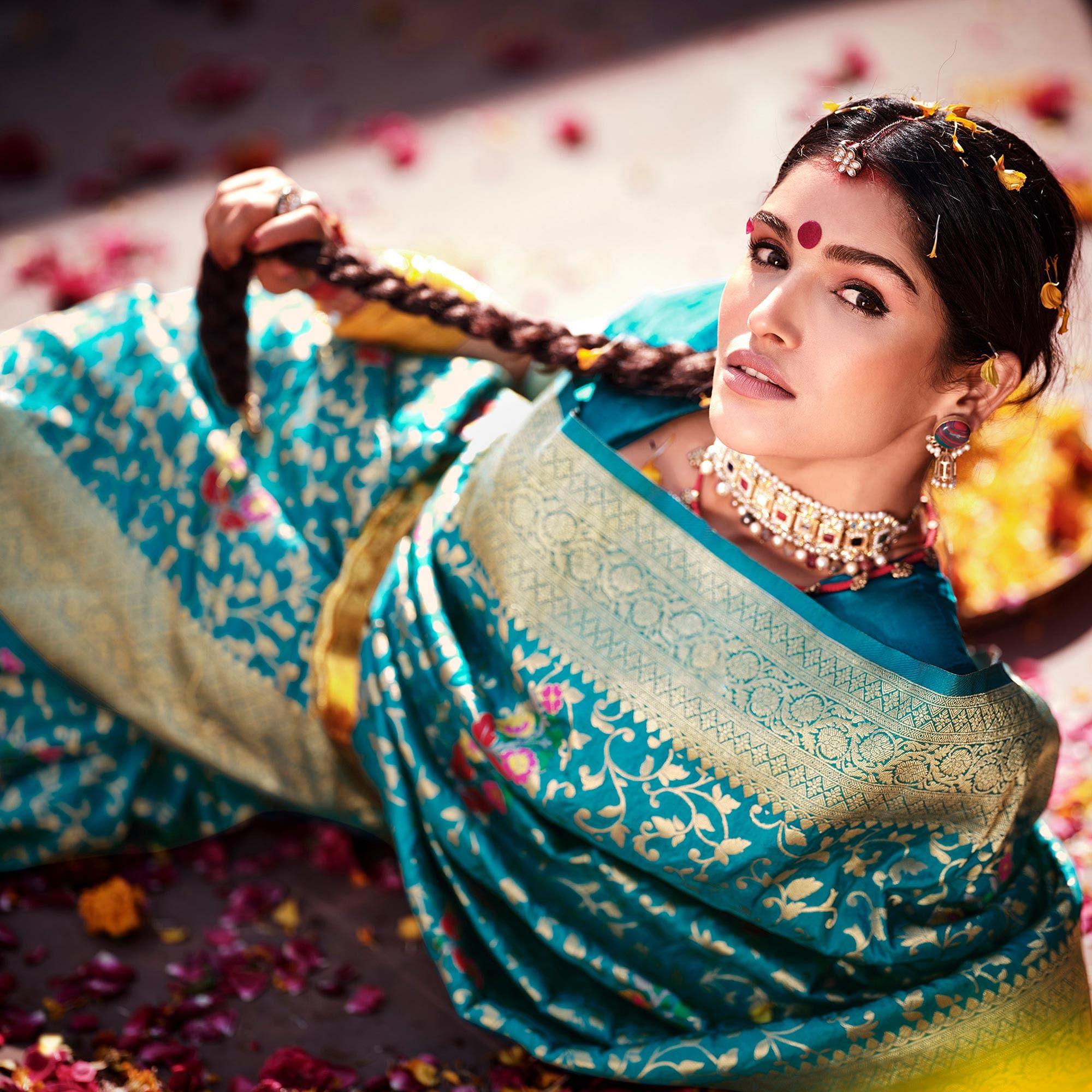 Blue Woven Dola Silk Saree - Peachmode
