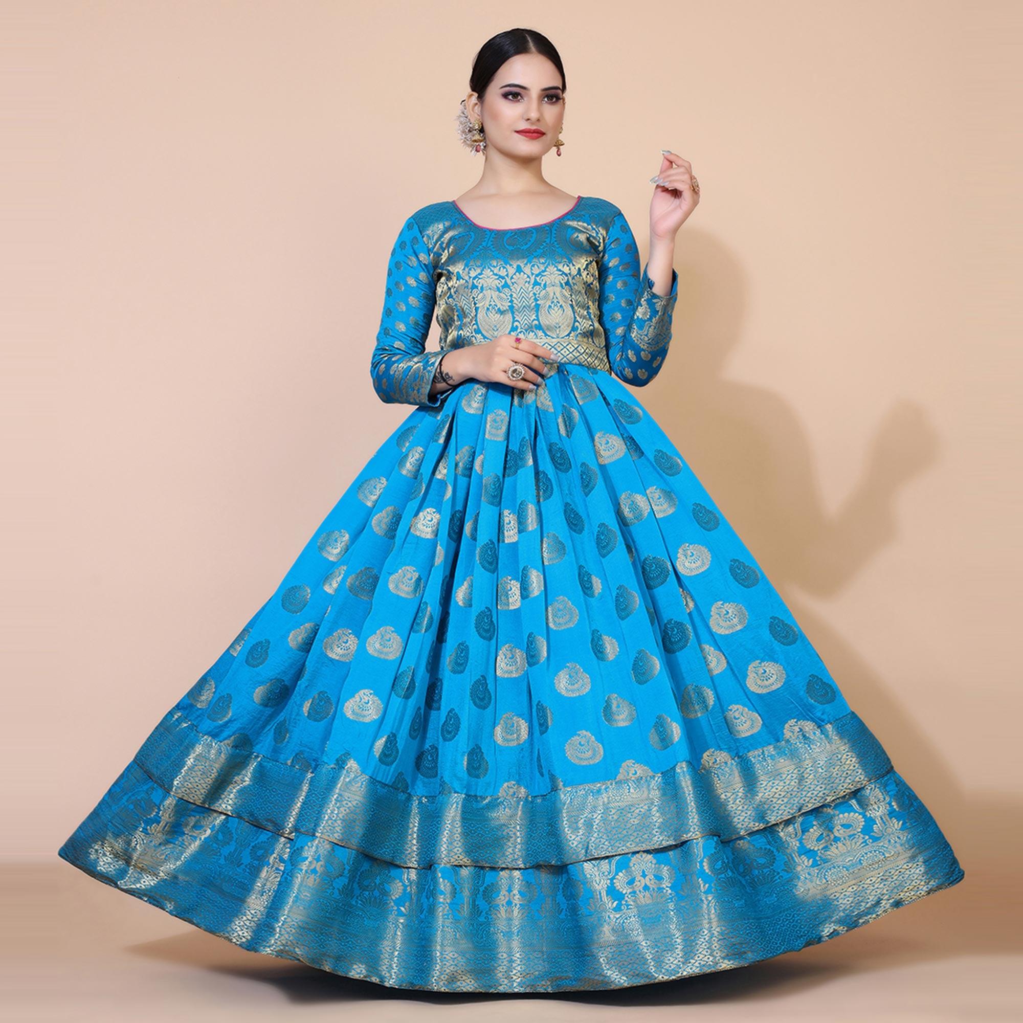 Blue Woven Jacquard Anarkali Style Gown - Peachmode