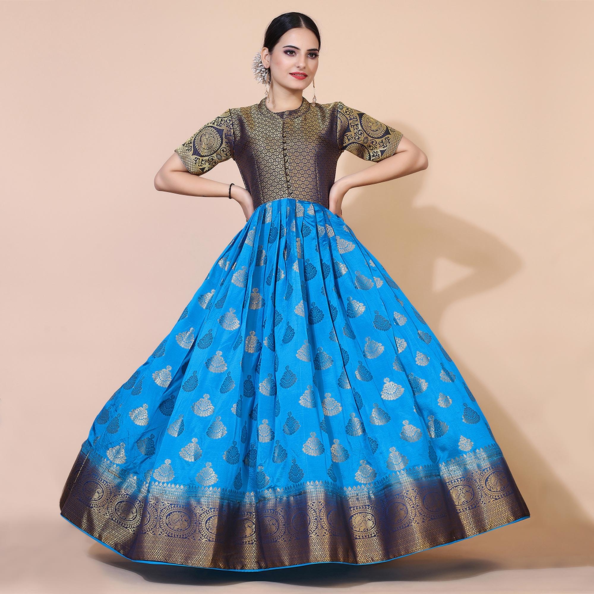 Blue Woven Jacquard Anarkali Style Gown - Peachmode