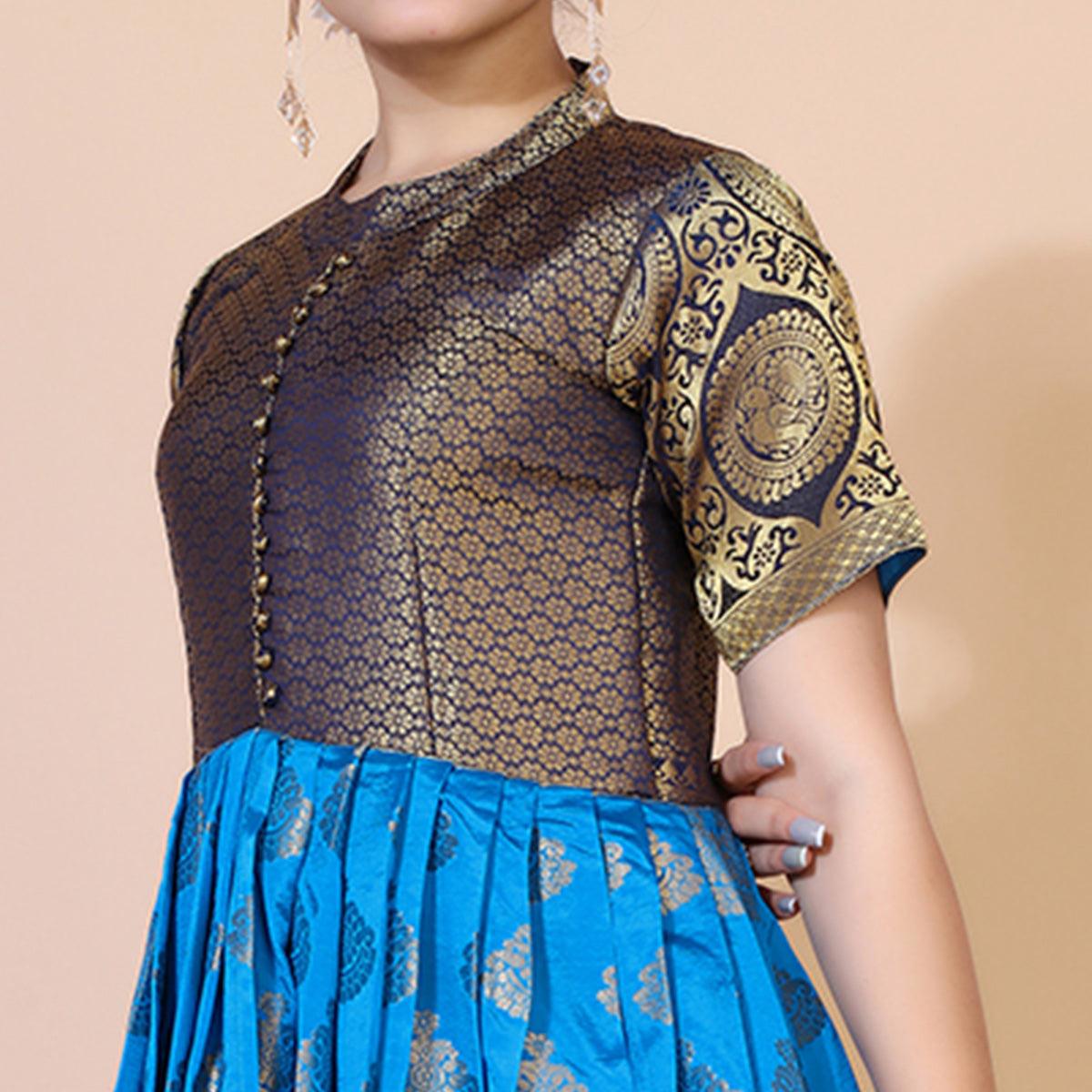 Blue Woven Jacquard Anarkali Style Gown - Peachmode