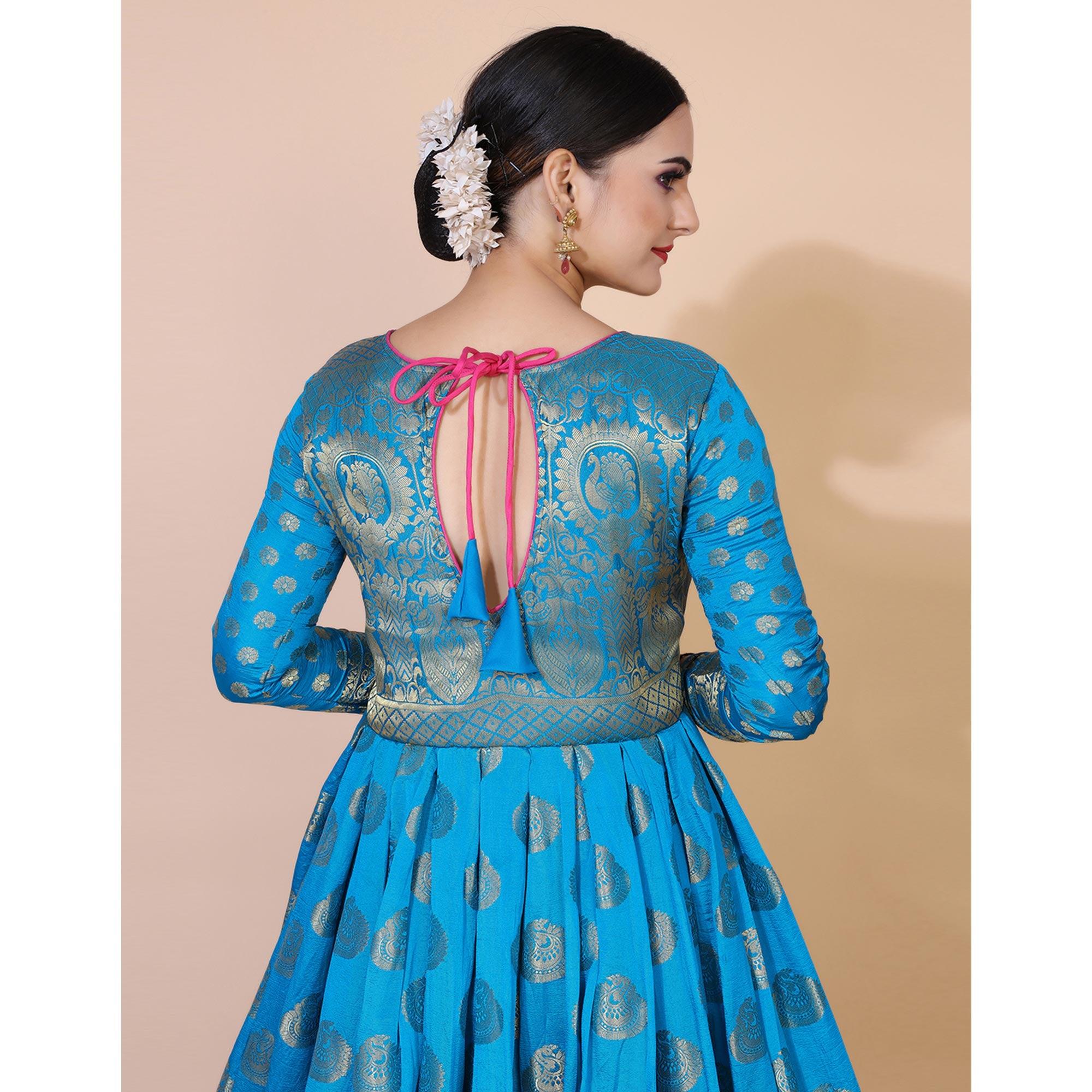 Blue Woven Jacquard Anarkali Style Gown - Peachmode