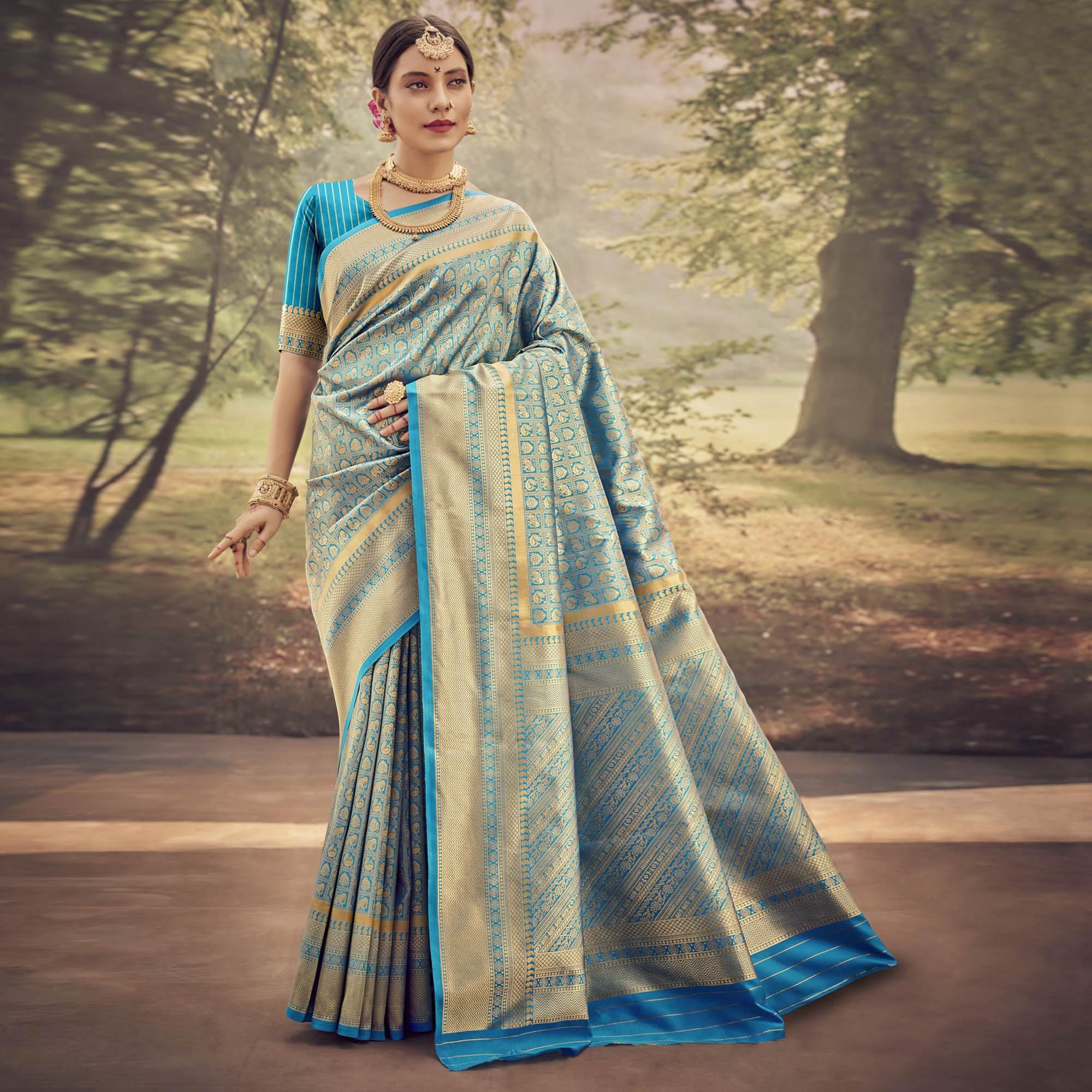 Blue Woven Jacquard Saree - Peachmode