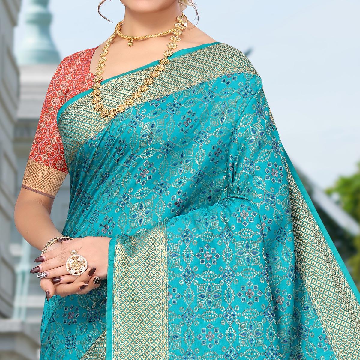Blue Woven Jacquard Saree - Peachmode