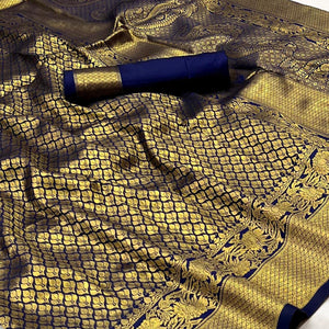 Blue Woven Jacquard Saree - Peachmode