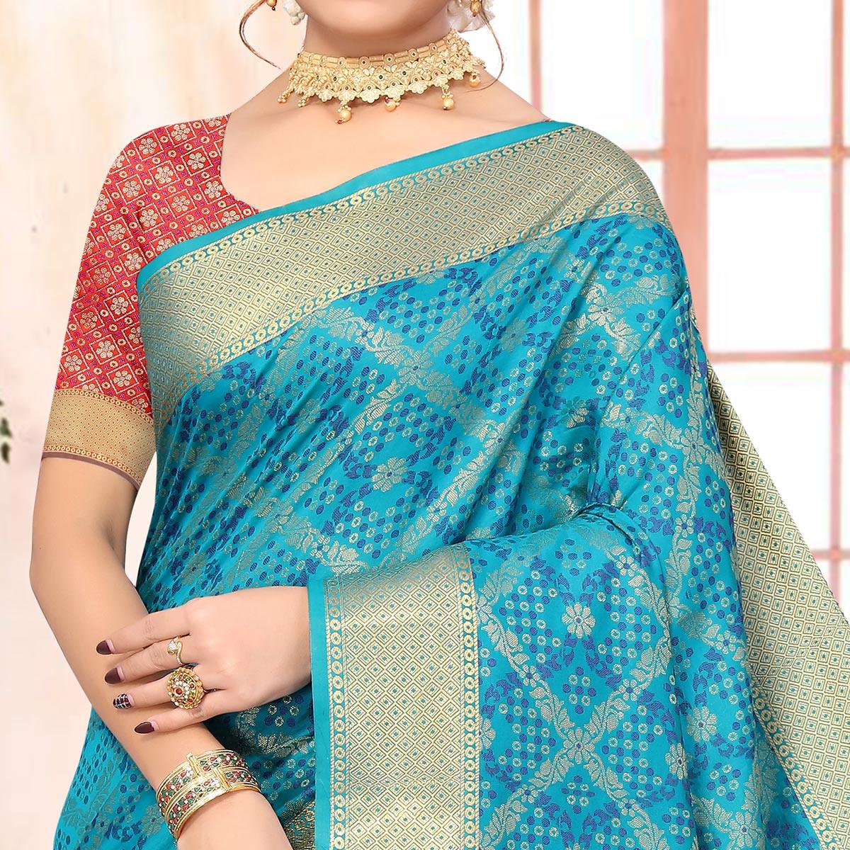 Blue Woven Jacquard Saree - Peachmode