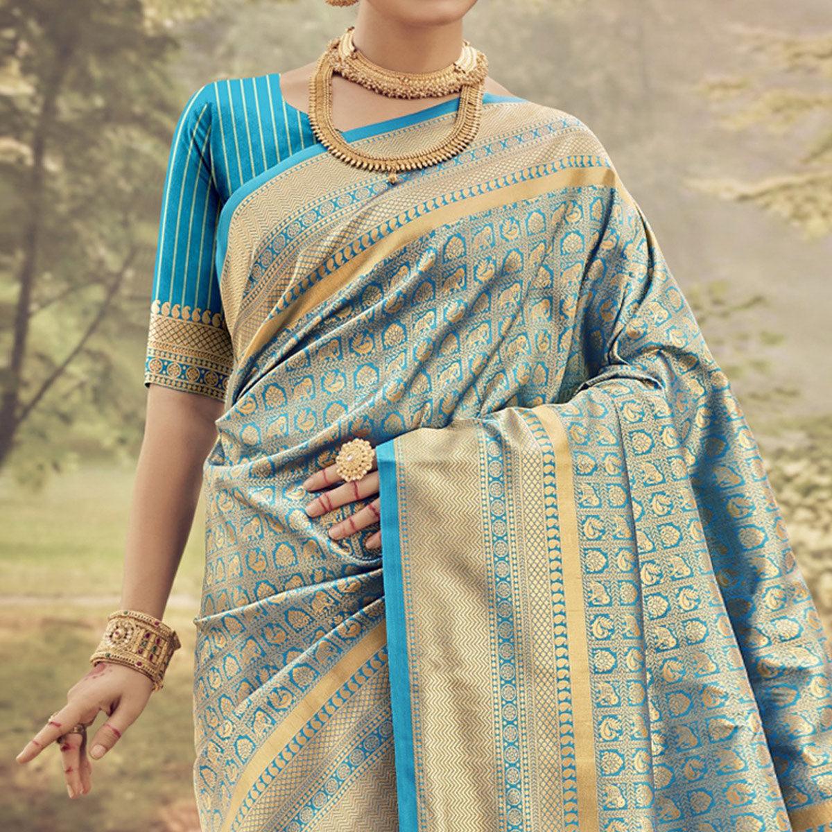 Blue Woven Jacquard Saree - Peachmode