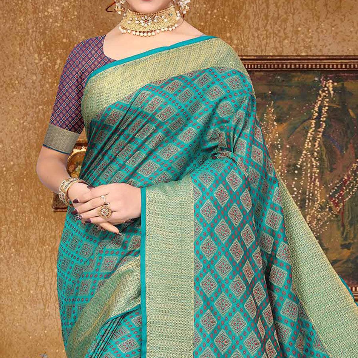 Blue Woven Jacquard Saree - Peachmode