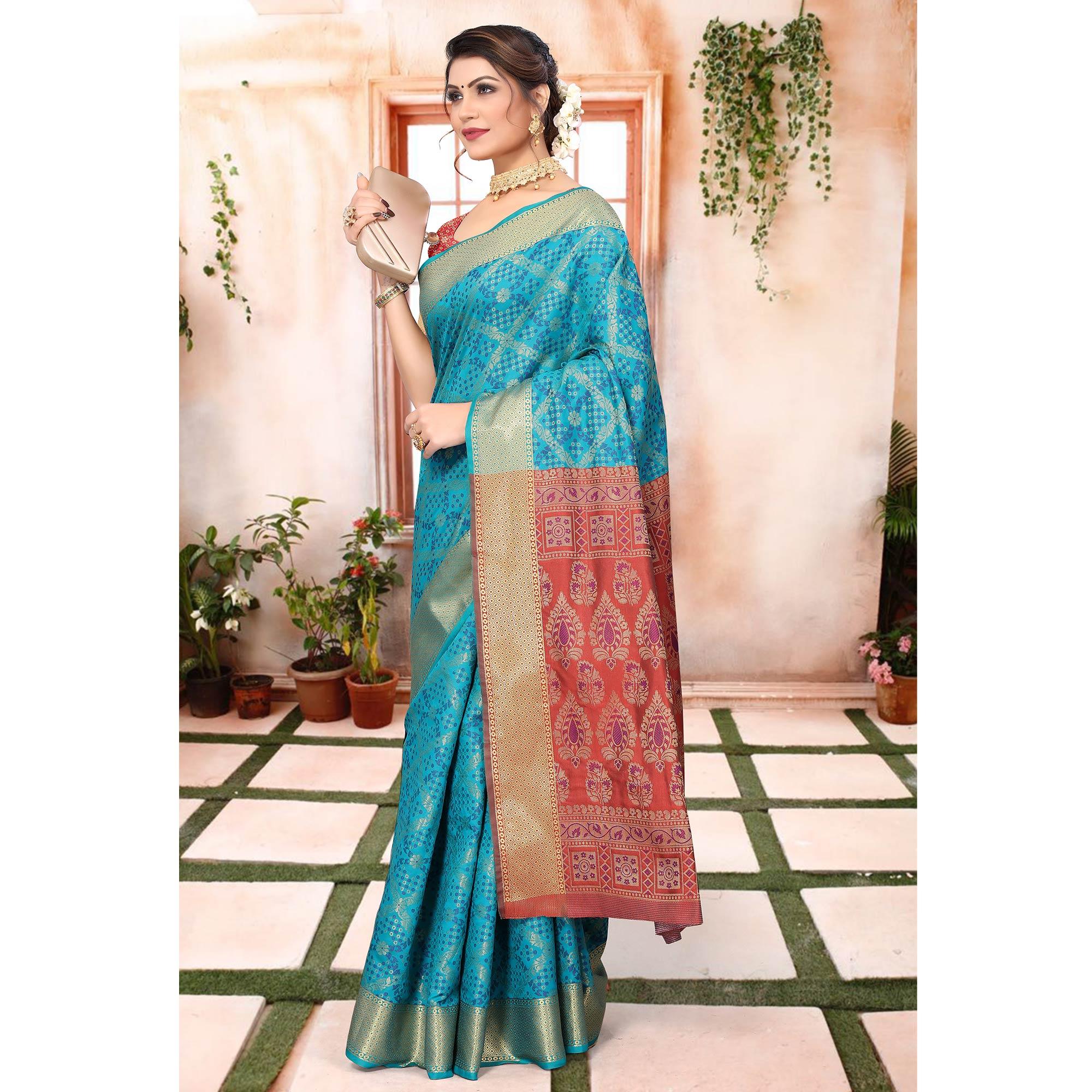 Blue Woven Jacquard Saree - Peachmode