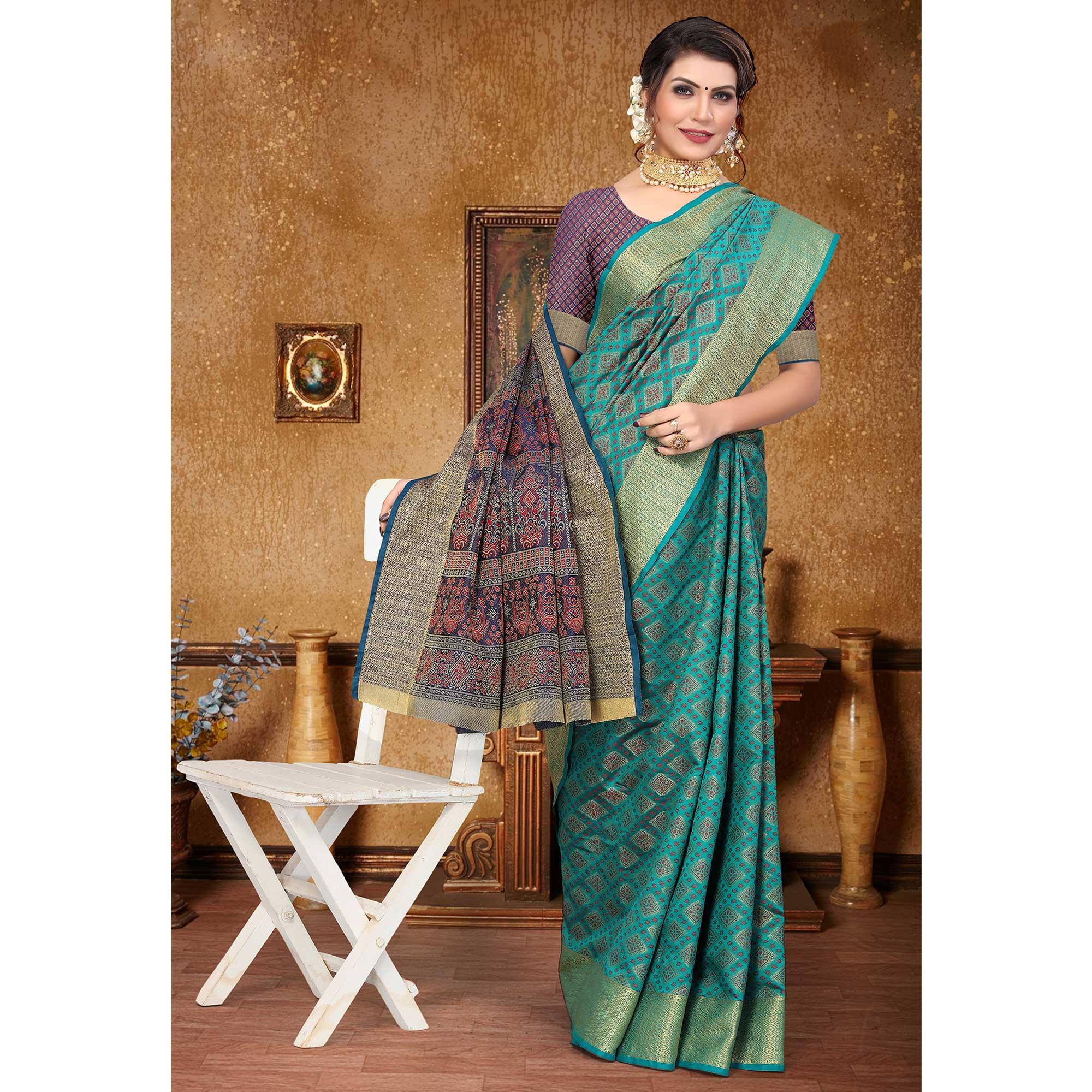 Blue Woven Jacquard Saree - Peachmode