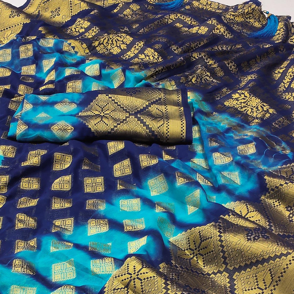 Blue Woven Jacquard Saree With Tassels - Peachmode