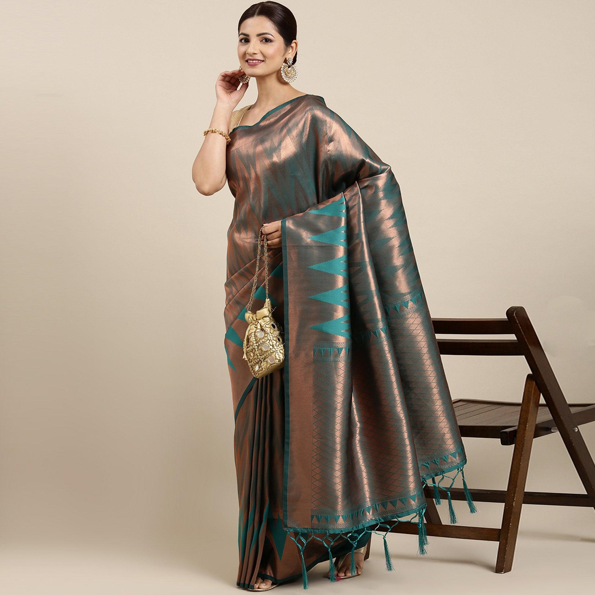 Blue Woven Kanjivaram Silk Saree With Tassels - Peachmode