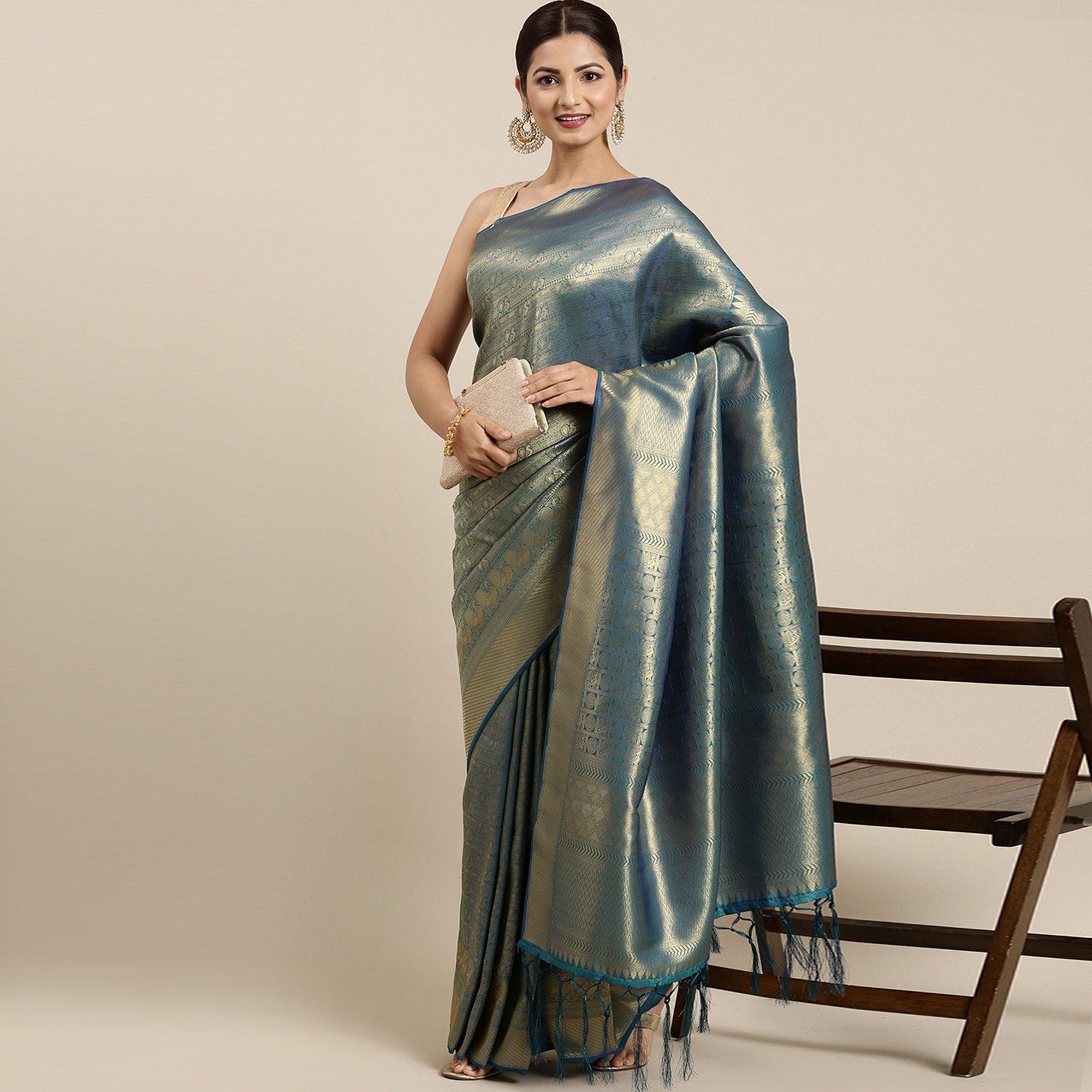 Blue Woven Kanjivaram Silk Saree With Tassels - Peachmode