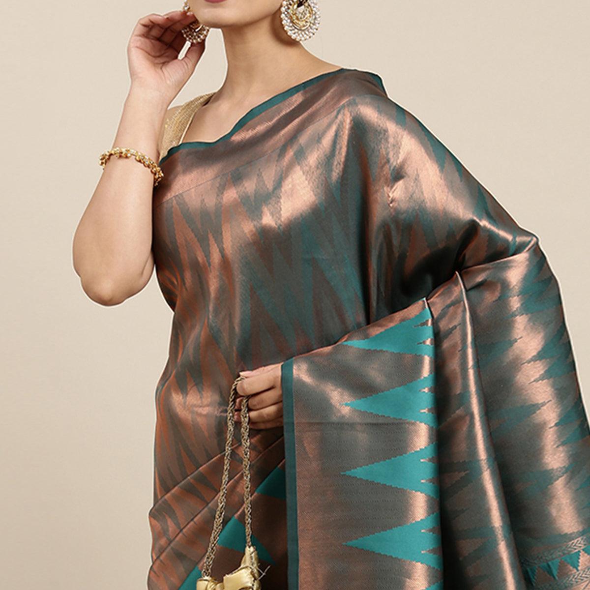 Blue Woven Kanjivaram Silk Saree With Tassels - Peachmode