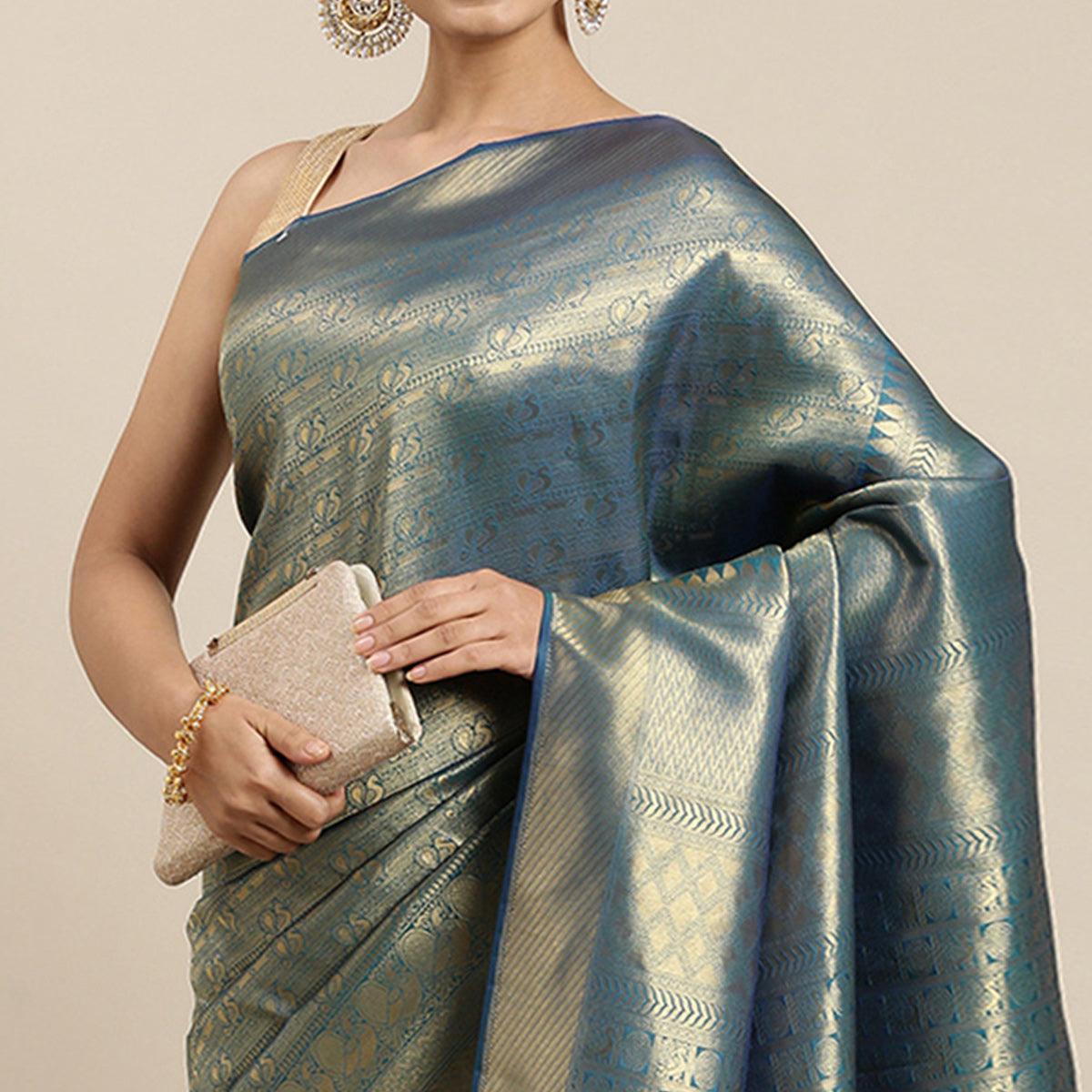 Blue Woven Kanjivaram Silk Saree With Tassels - Peachmode
