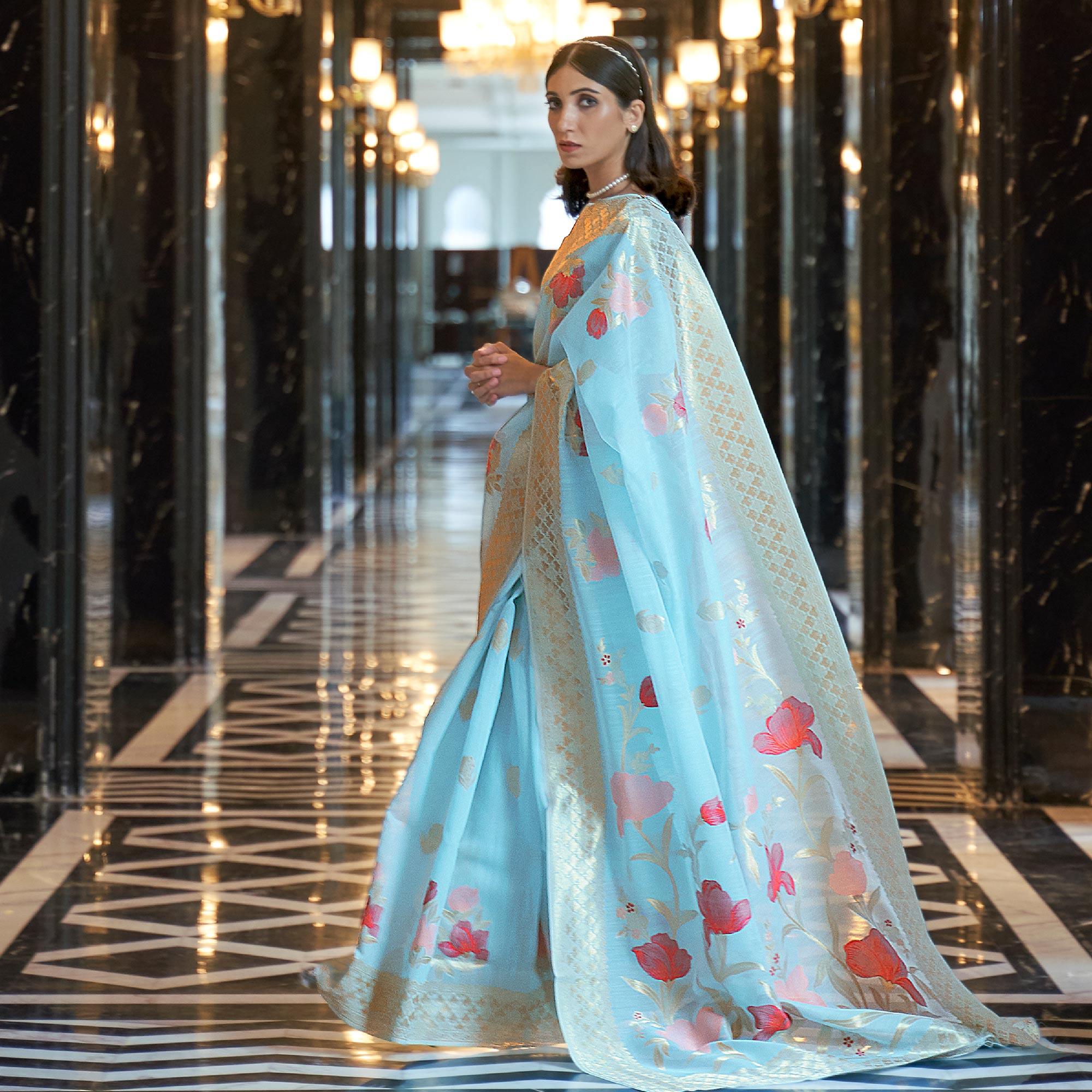 Blue Woven Linen Saree - Peachmode
