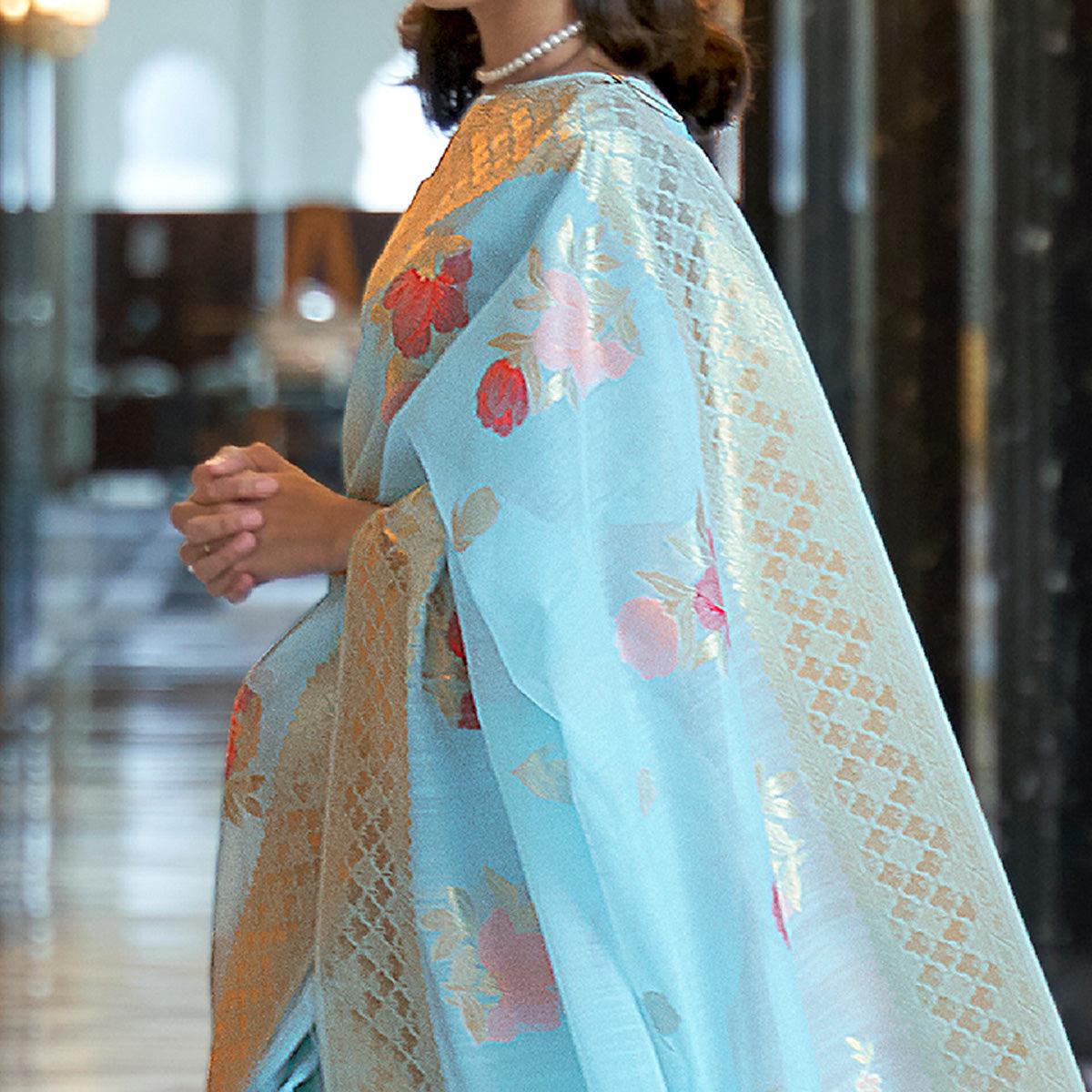 Blue Woven Linen Saree - Peachmode