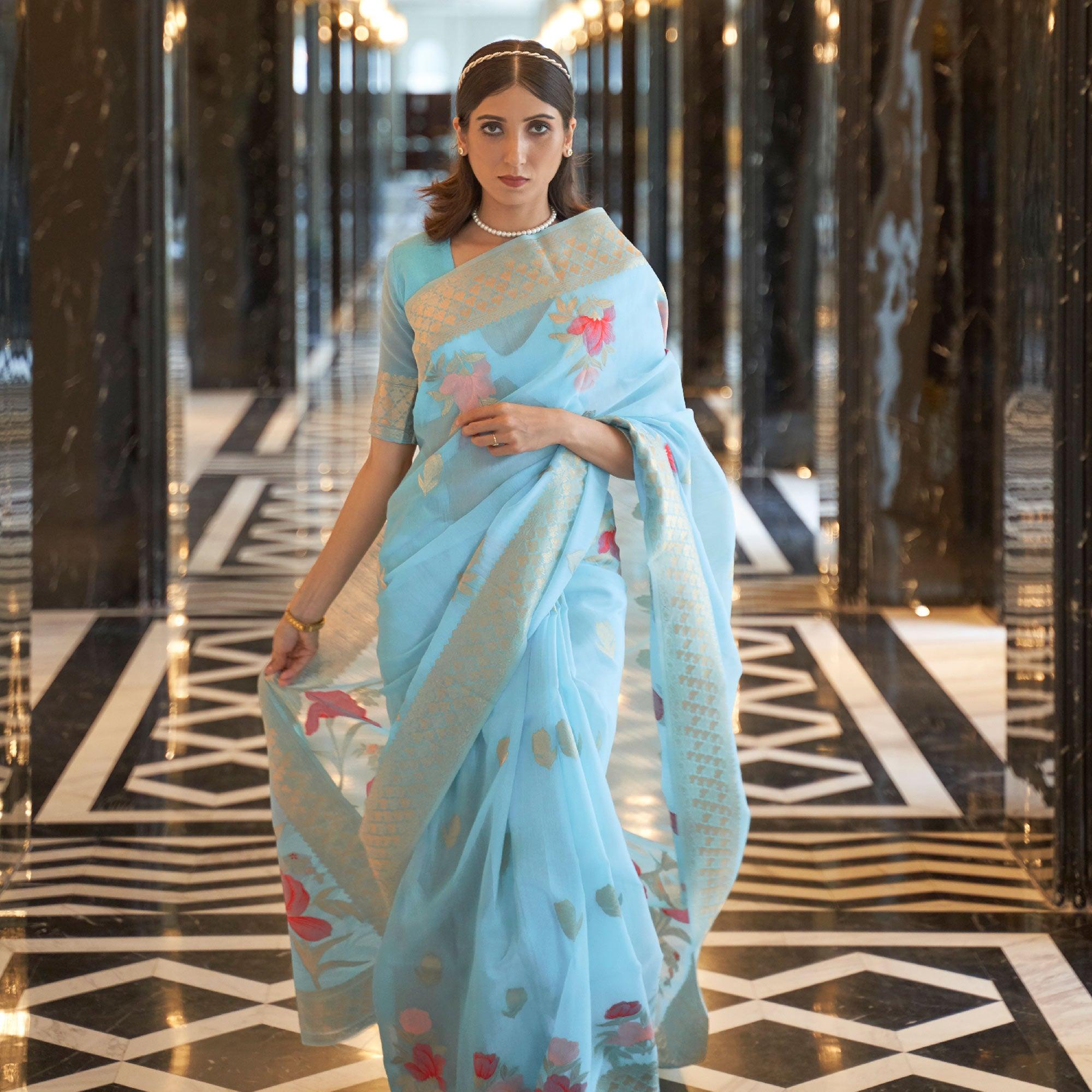 Blue Woven Linen Saree - Peachmode