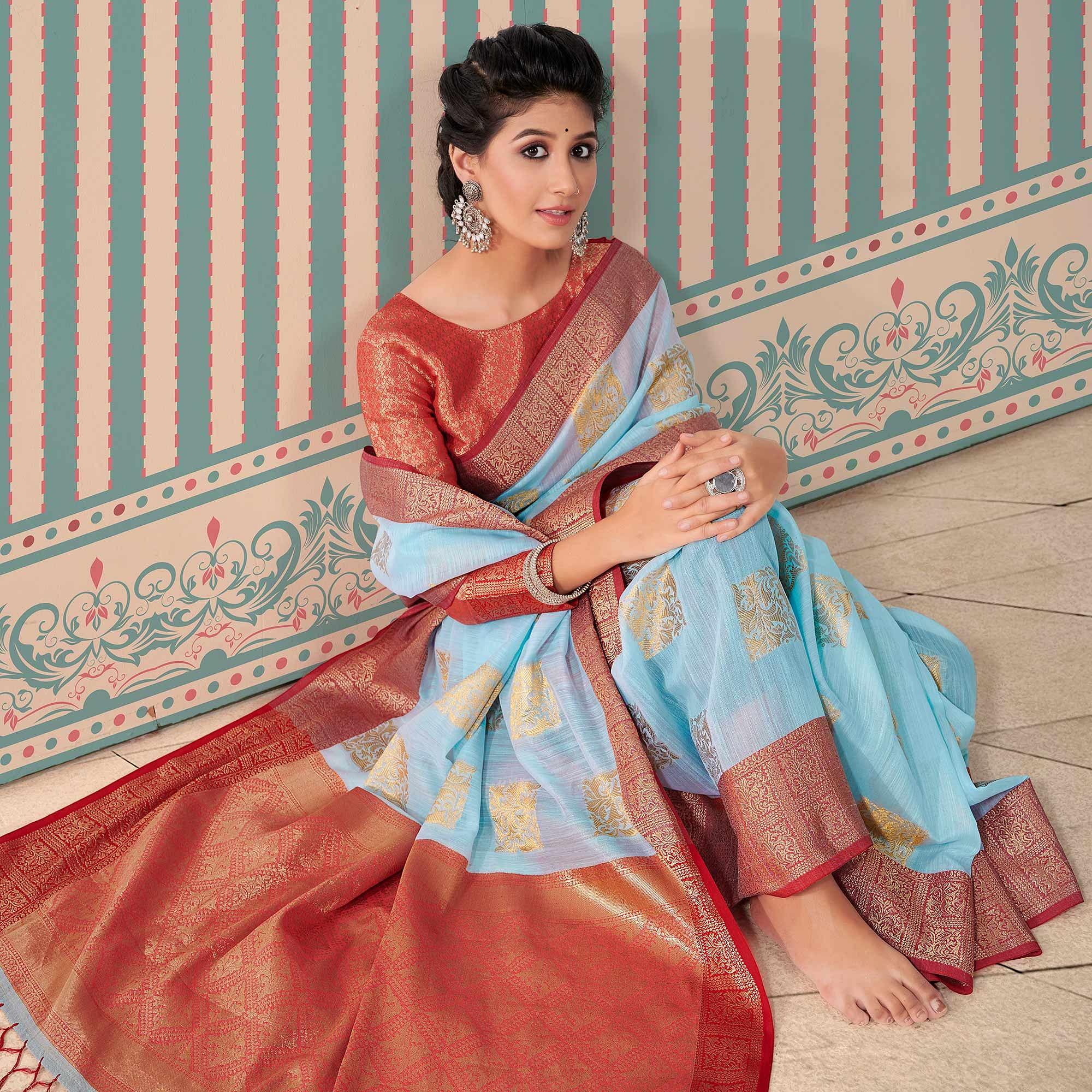 Blue Woven Linen Saree With Tassels - Peachmode