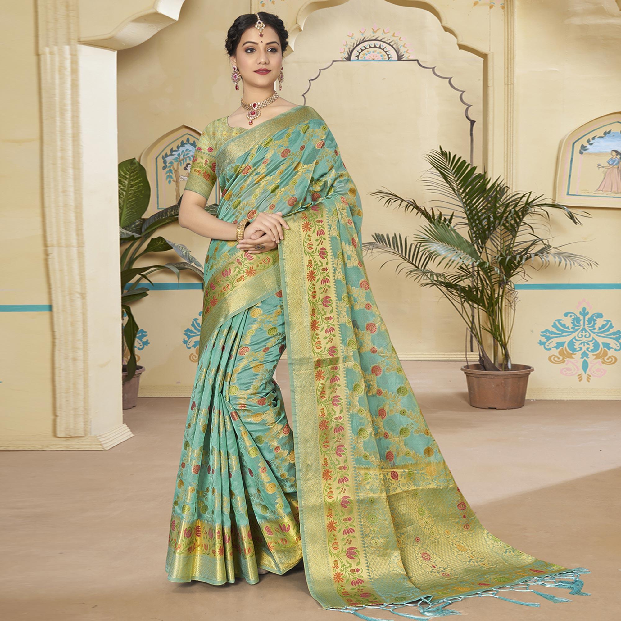 Blue Woven Organza Saree - Peachmode